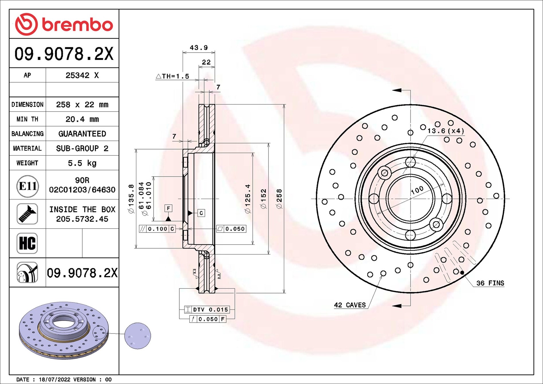 stabdžių diskas - 09.9078.2X BREMBO