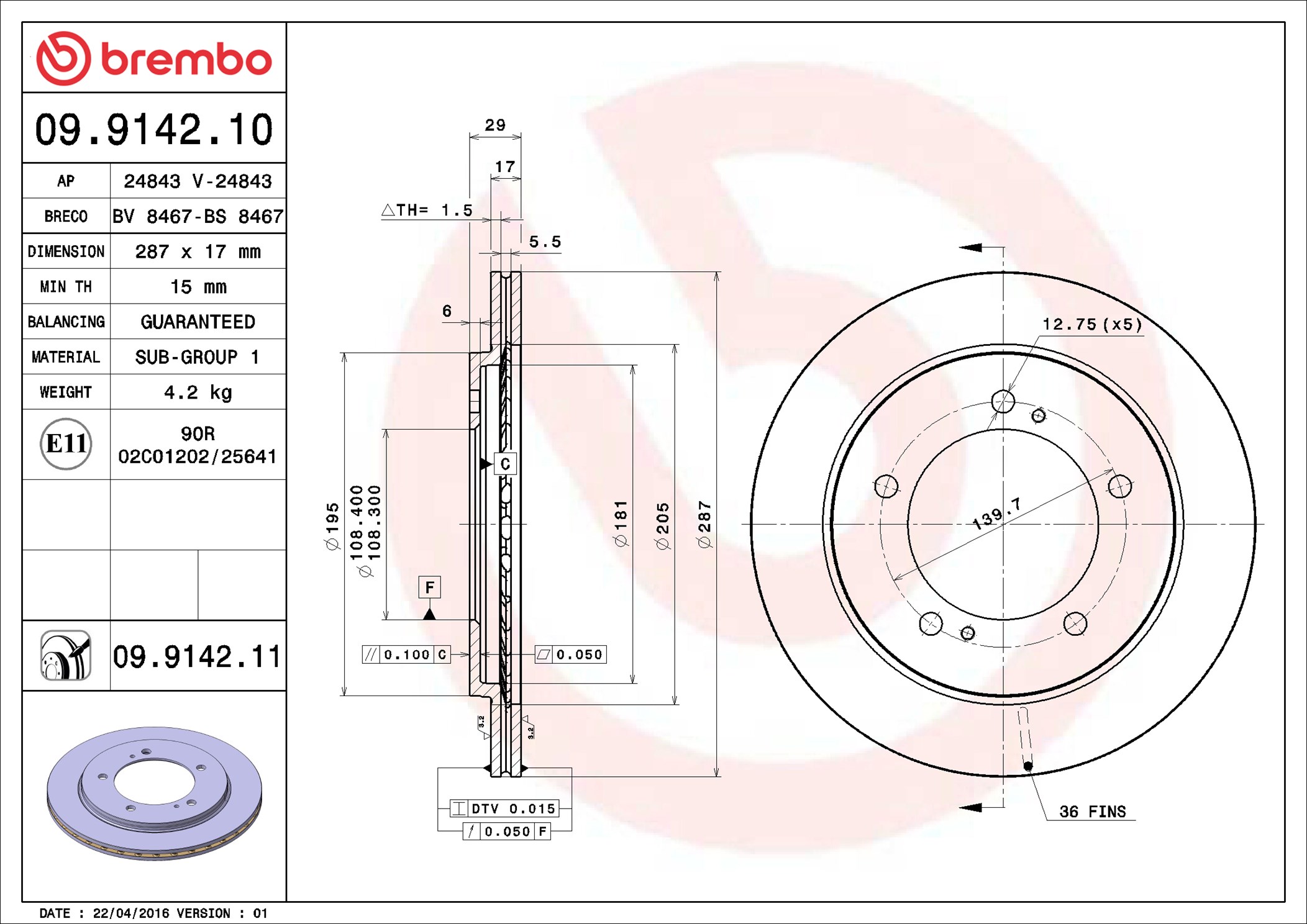 Brake Disc - 09.9142.10 BREMBO