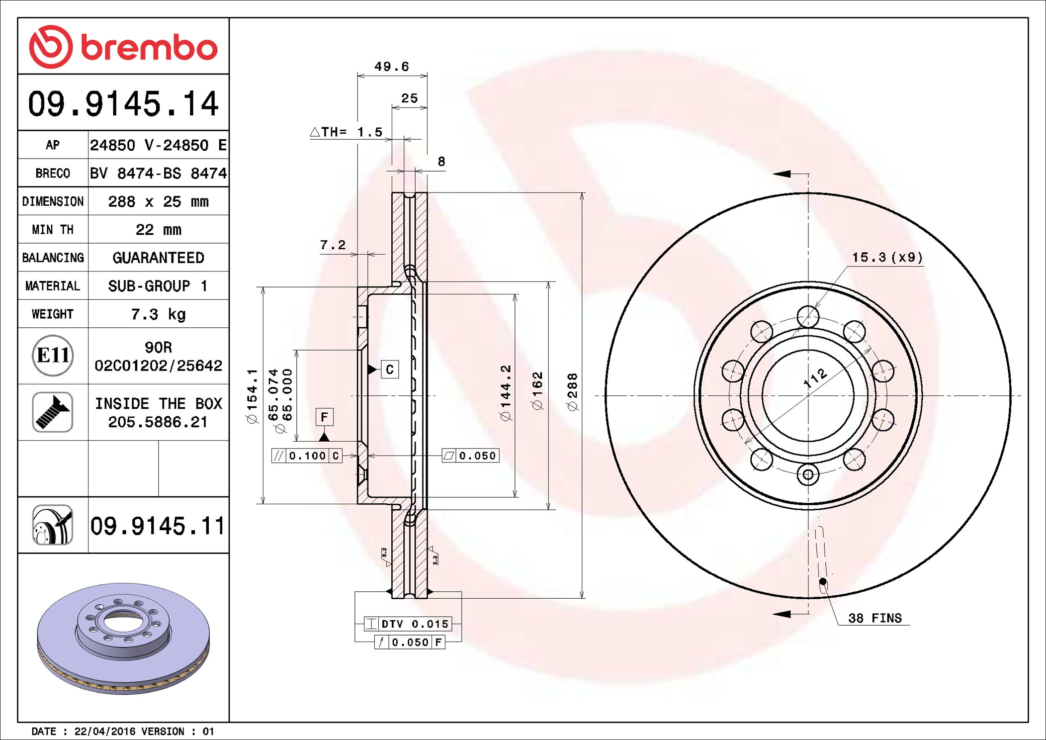 Bremsscheibe - 09.9145.11 BREMBO