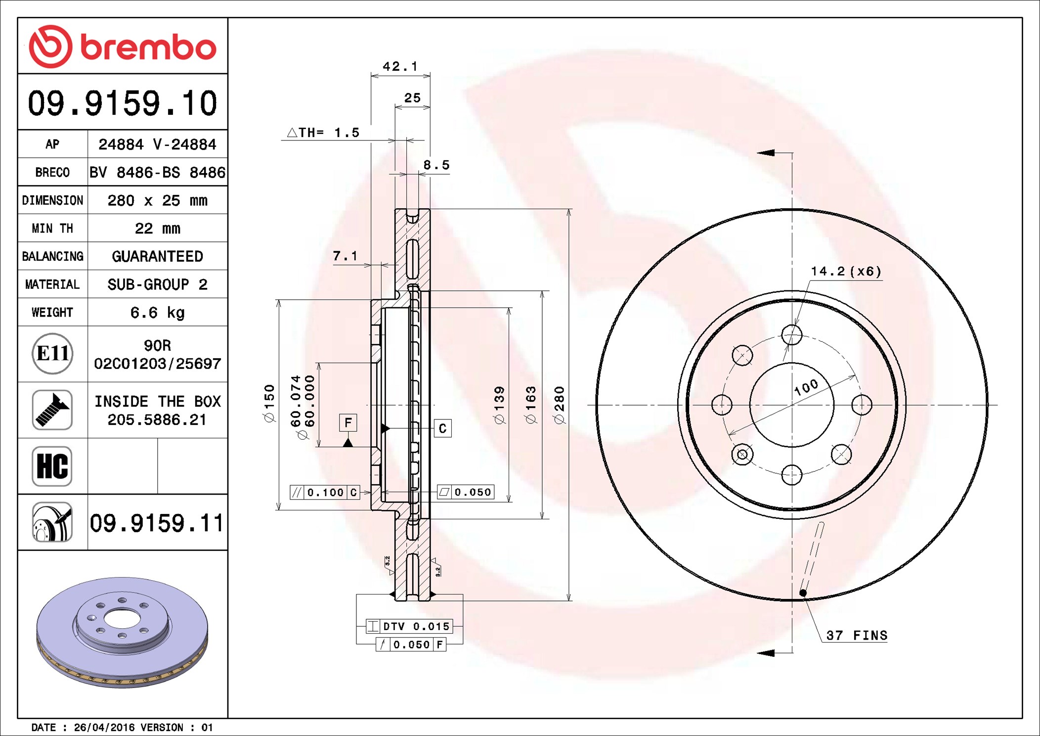 stabdžių diskas - 09.9159.11 BREMBO