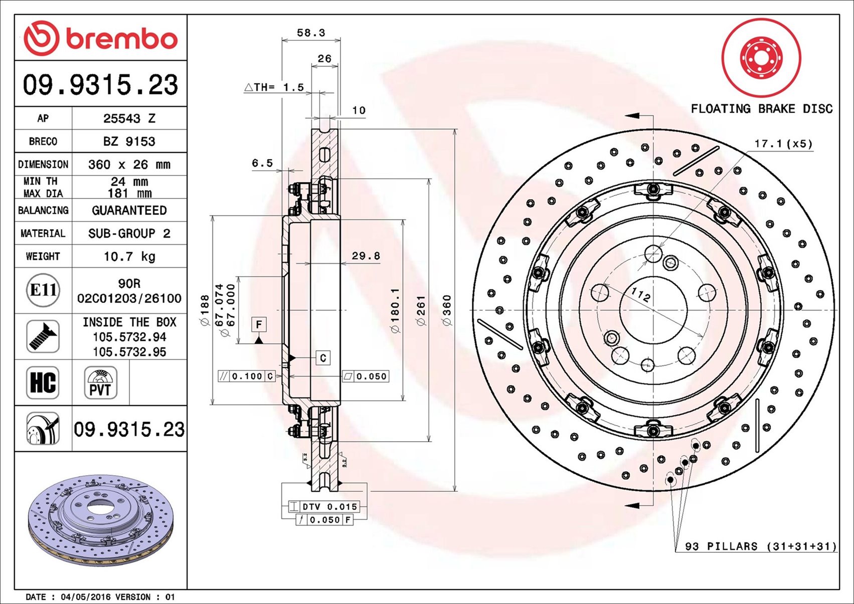 stabdžių diskas - 09.9315.23 BREMBO