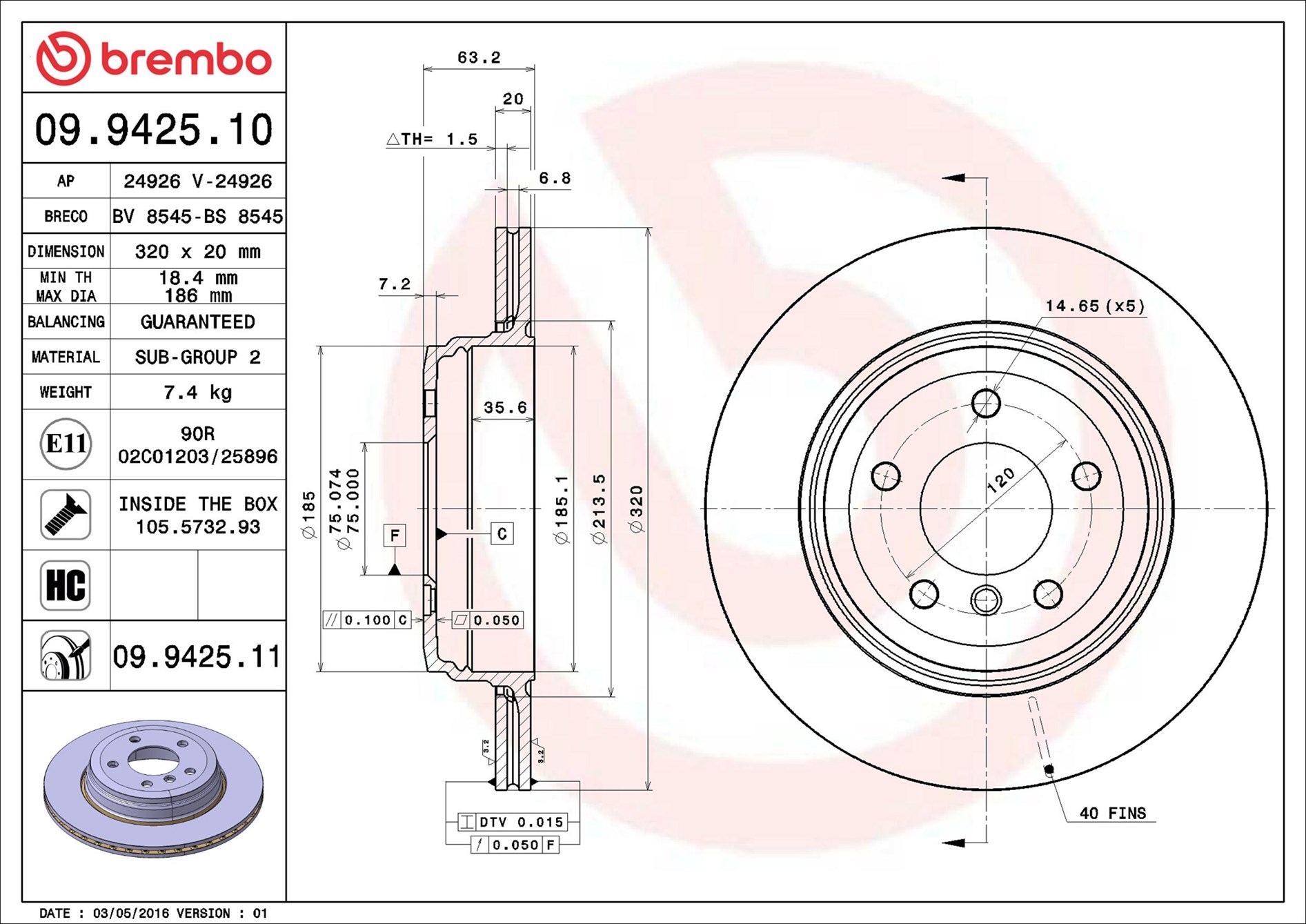 stabdžių diskas - 09.9425.11 BREMBO