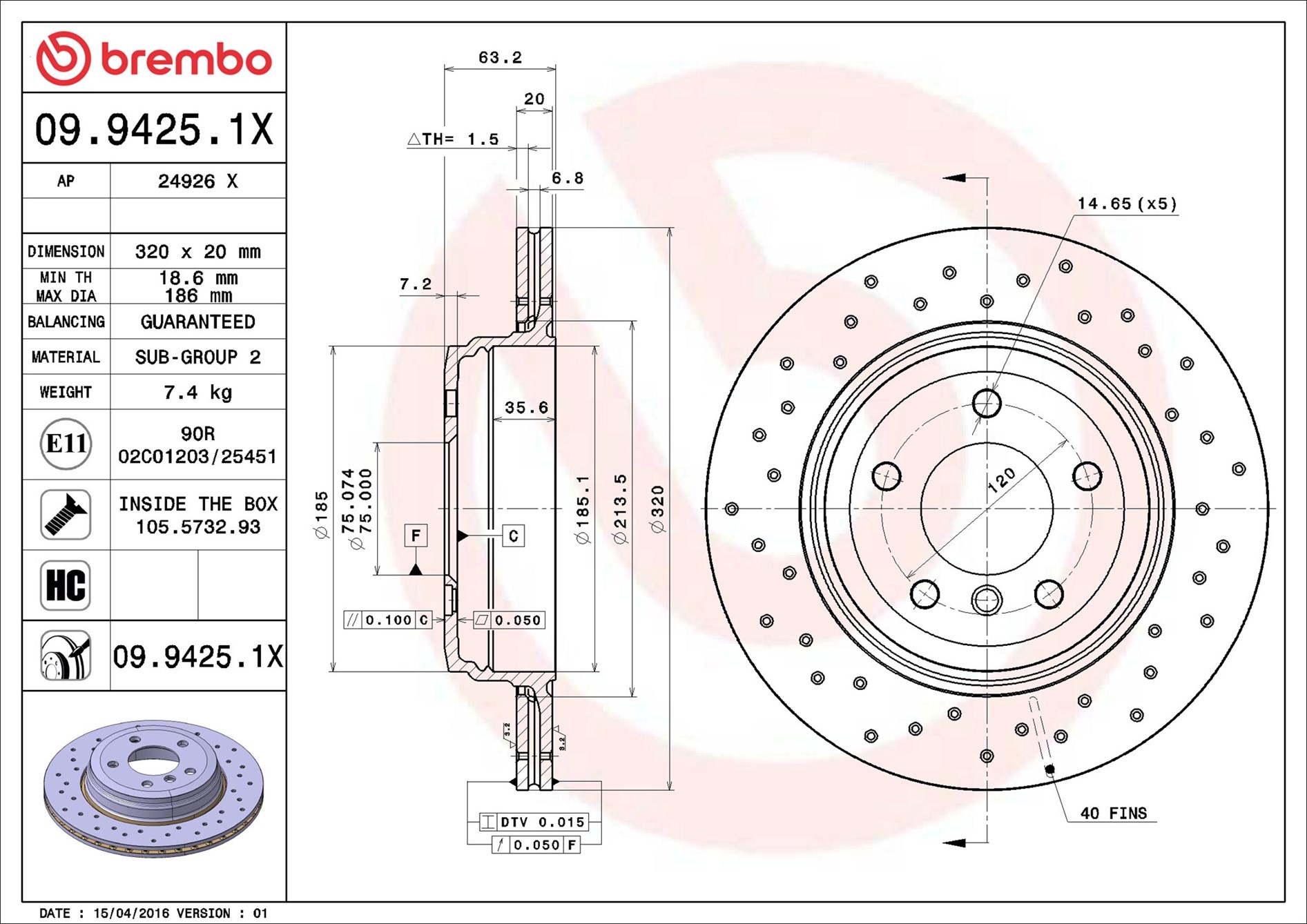 stabdžių diskas - 09.9425.1X BREMBO