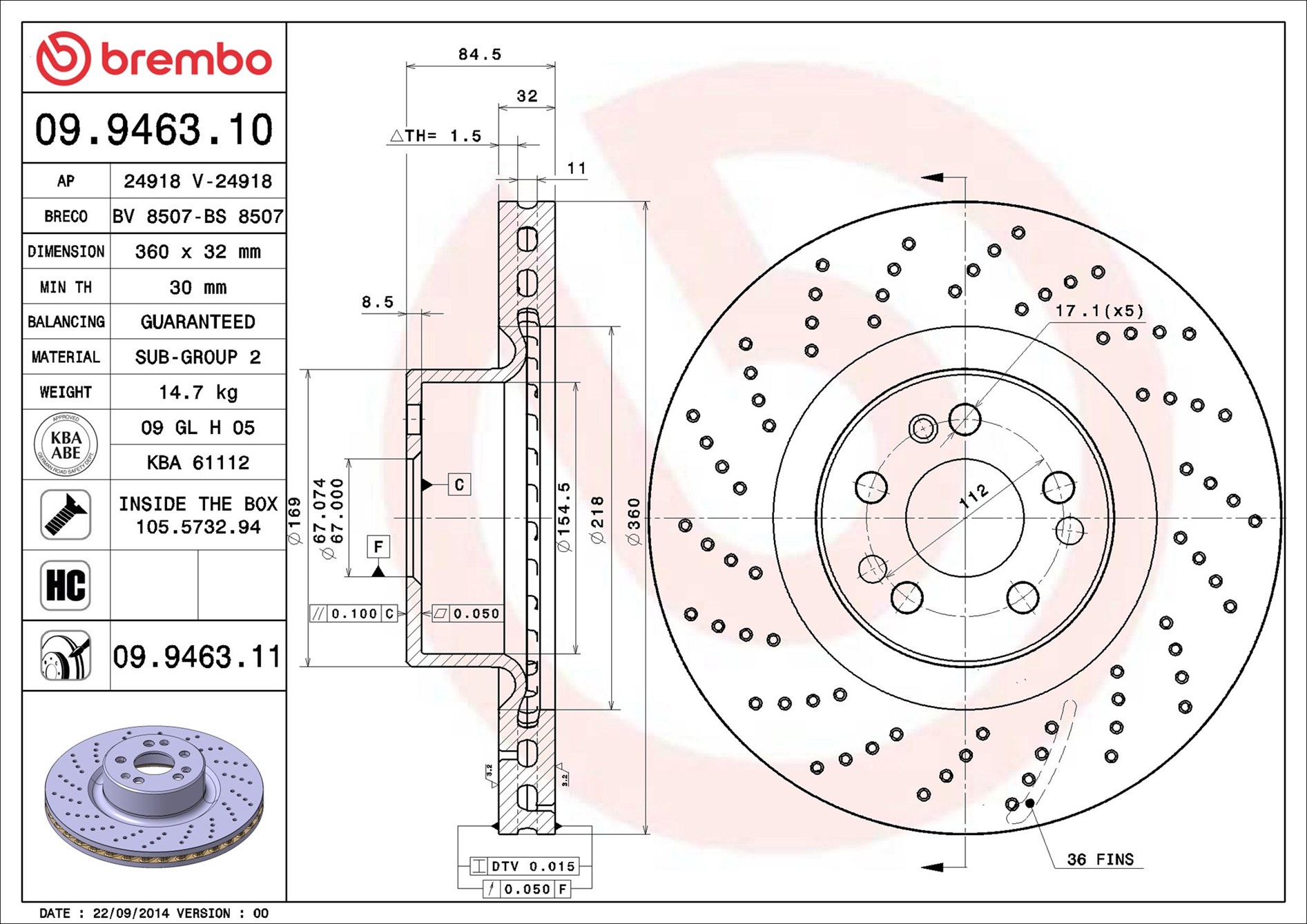 stabdžių diskas - 09.9463.11 BREMBO