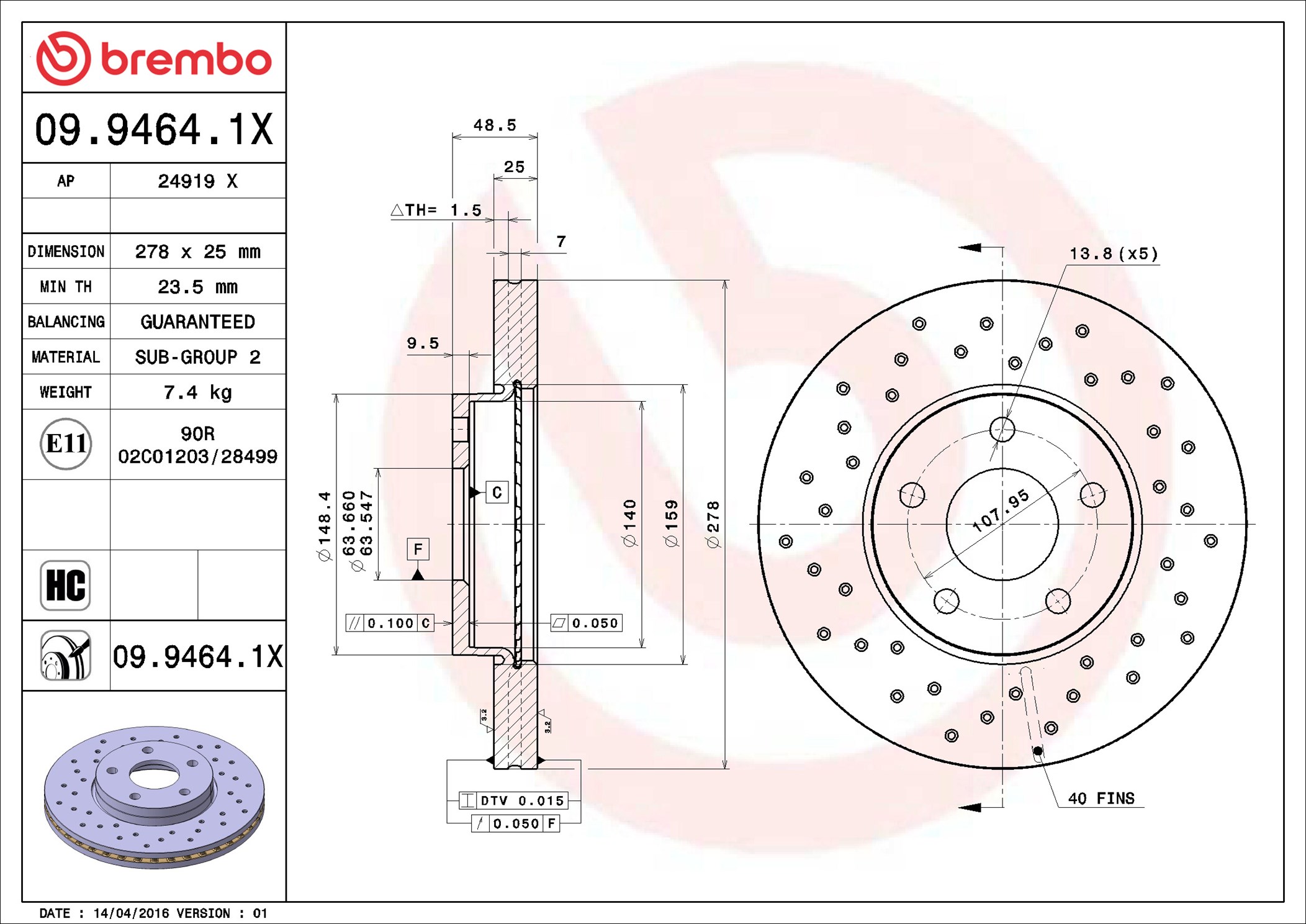 stabdžių diskas - 09.9464.1X BREMBO