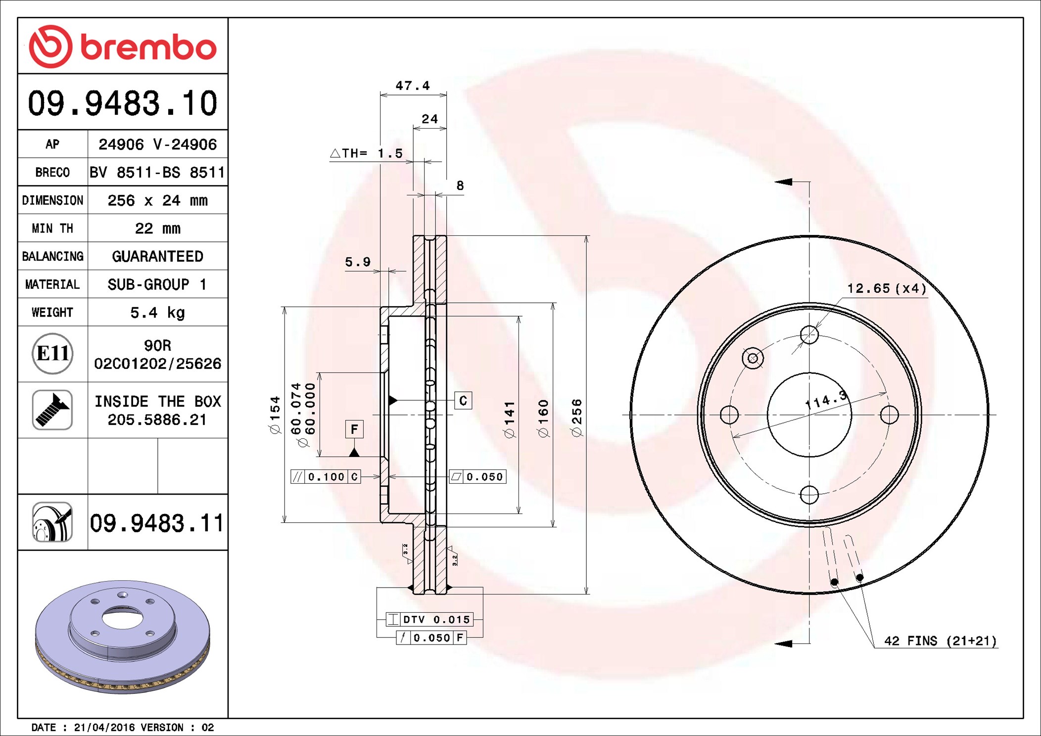 stabdžių diskas - 09.9483.11 BREMBO