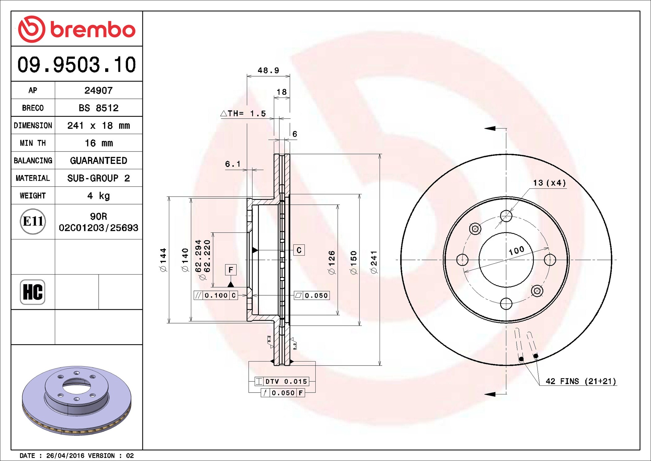 stabdžių diskas - 09.9503.10 BREMBO