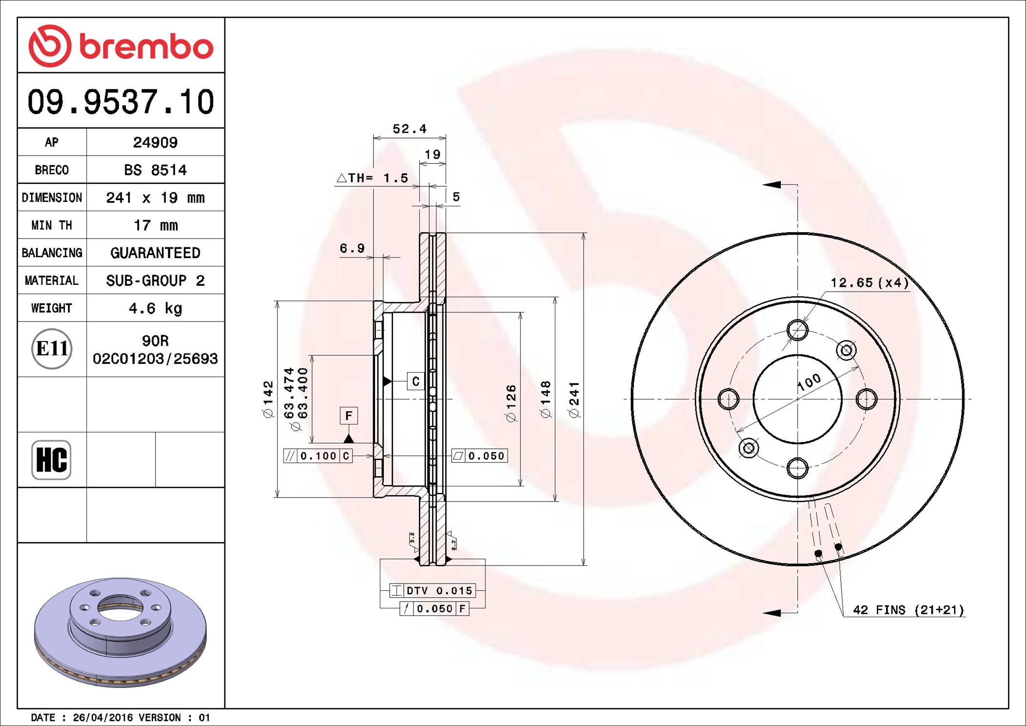 Brake Disc - 09.9537.10 BREMBO