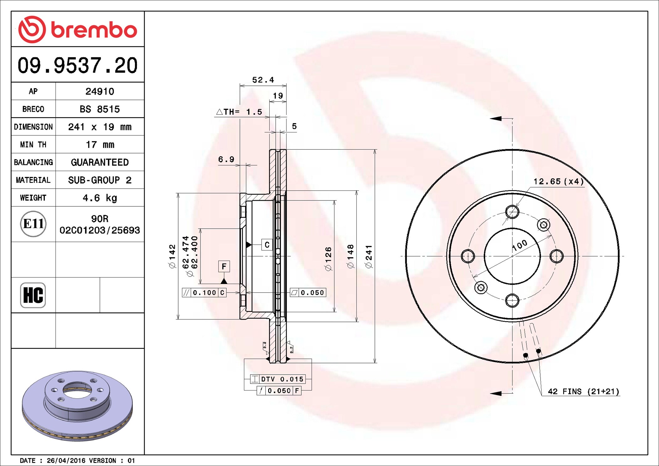 Brake Disc - 09.9537.20 BREMBO