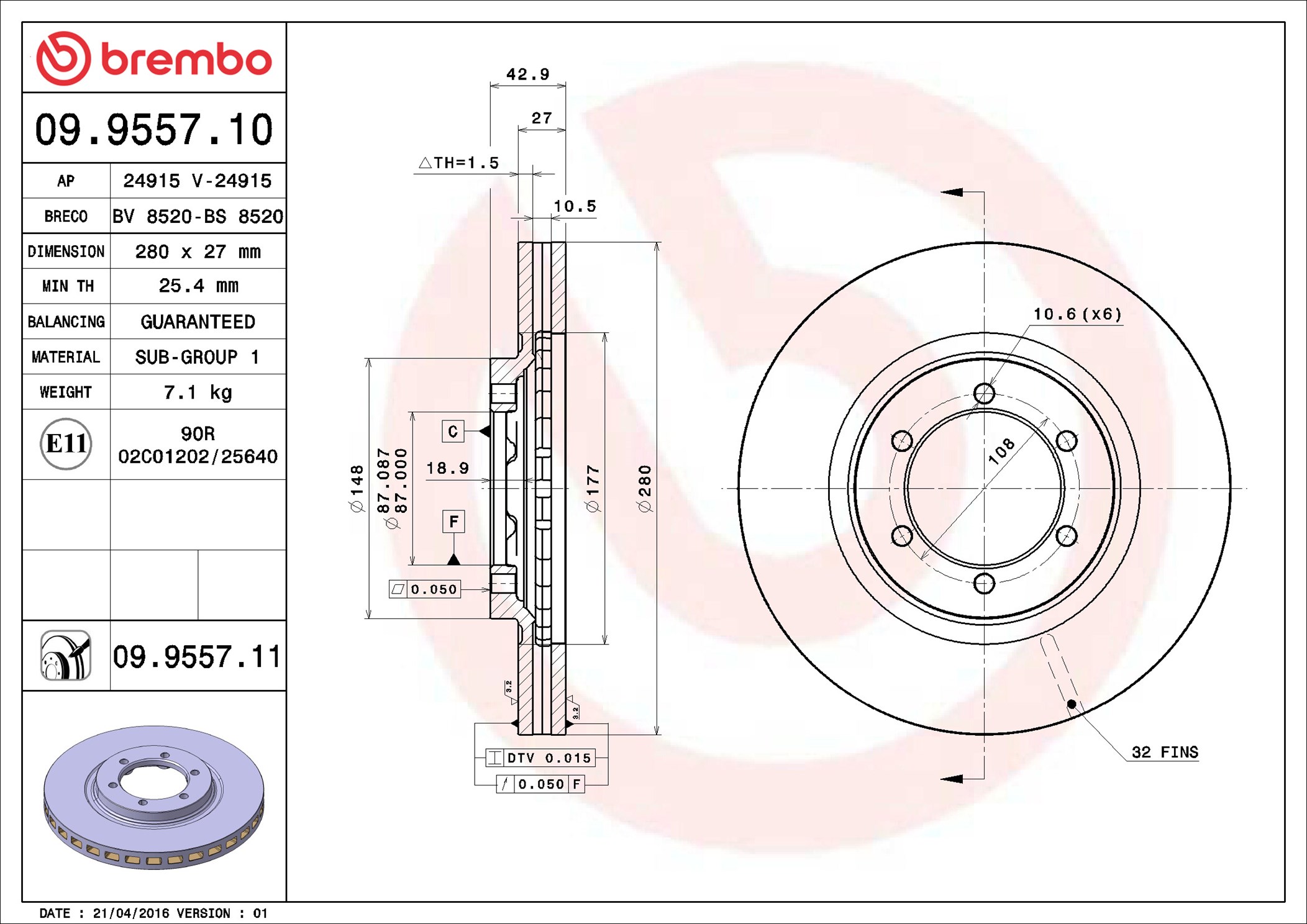 Brake Disc - 09.9557.11 BREMBO