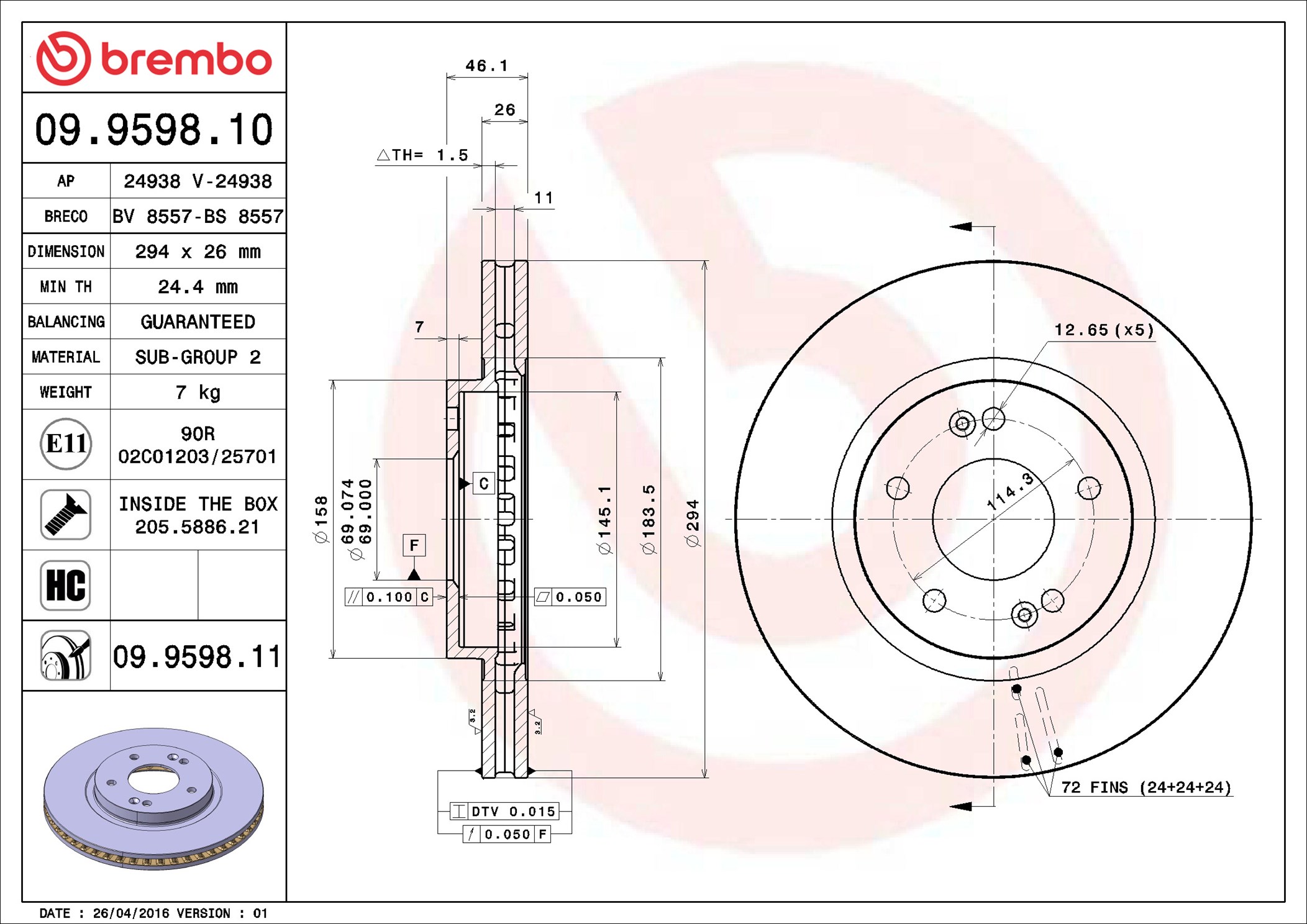 Brake Disc - 09.9598.11 BREMBO