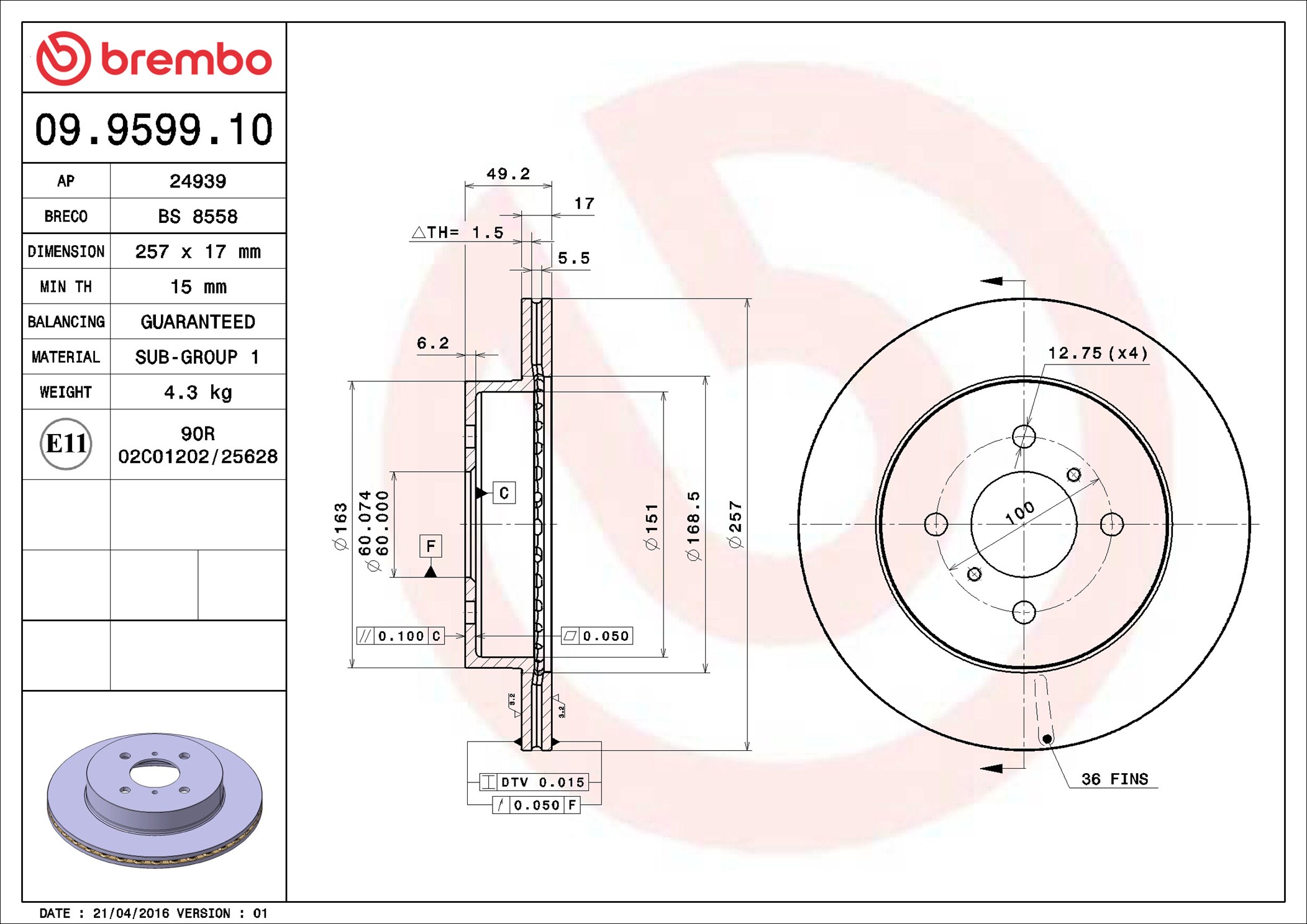 Brake Disc - 09.9599.10 BREMBO