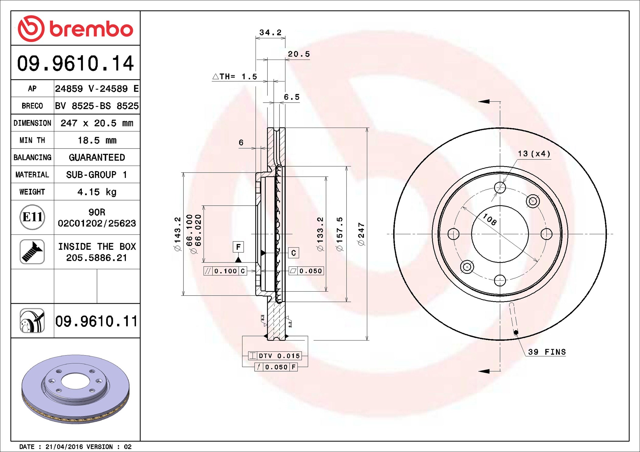 stabdžių diskas - 09.9610.11 BREMBO
