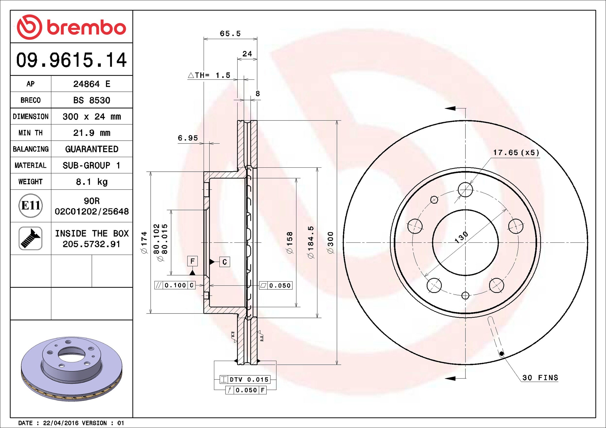 Brake Disc - 09.9615.14 BREMBO