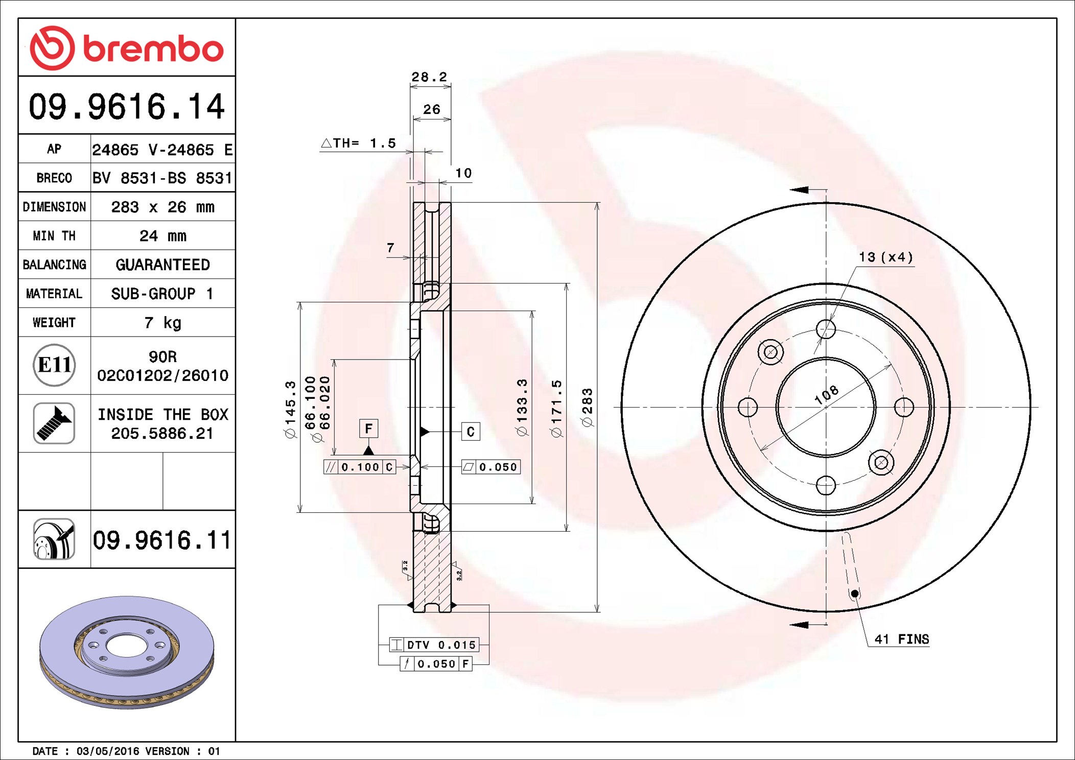 stabdžių diskas - 09.9616.11 BREMBO