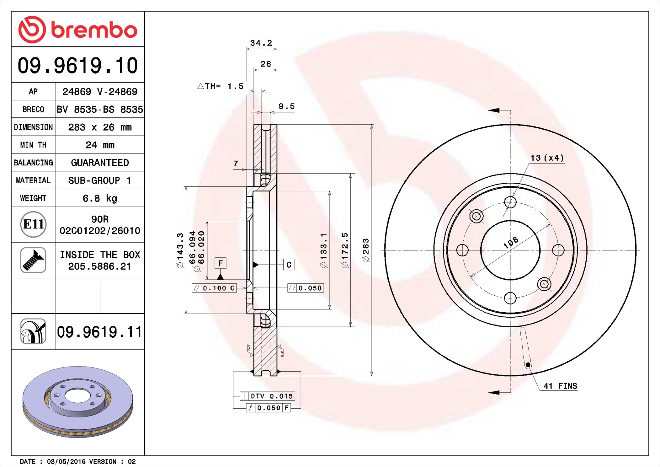 Тормозной диск - 09.9619.11 BREMBO