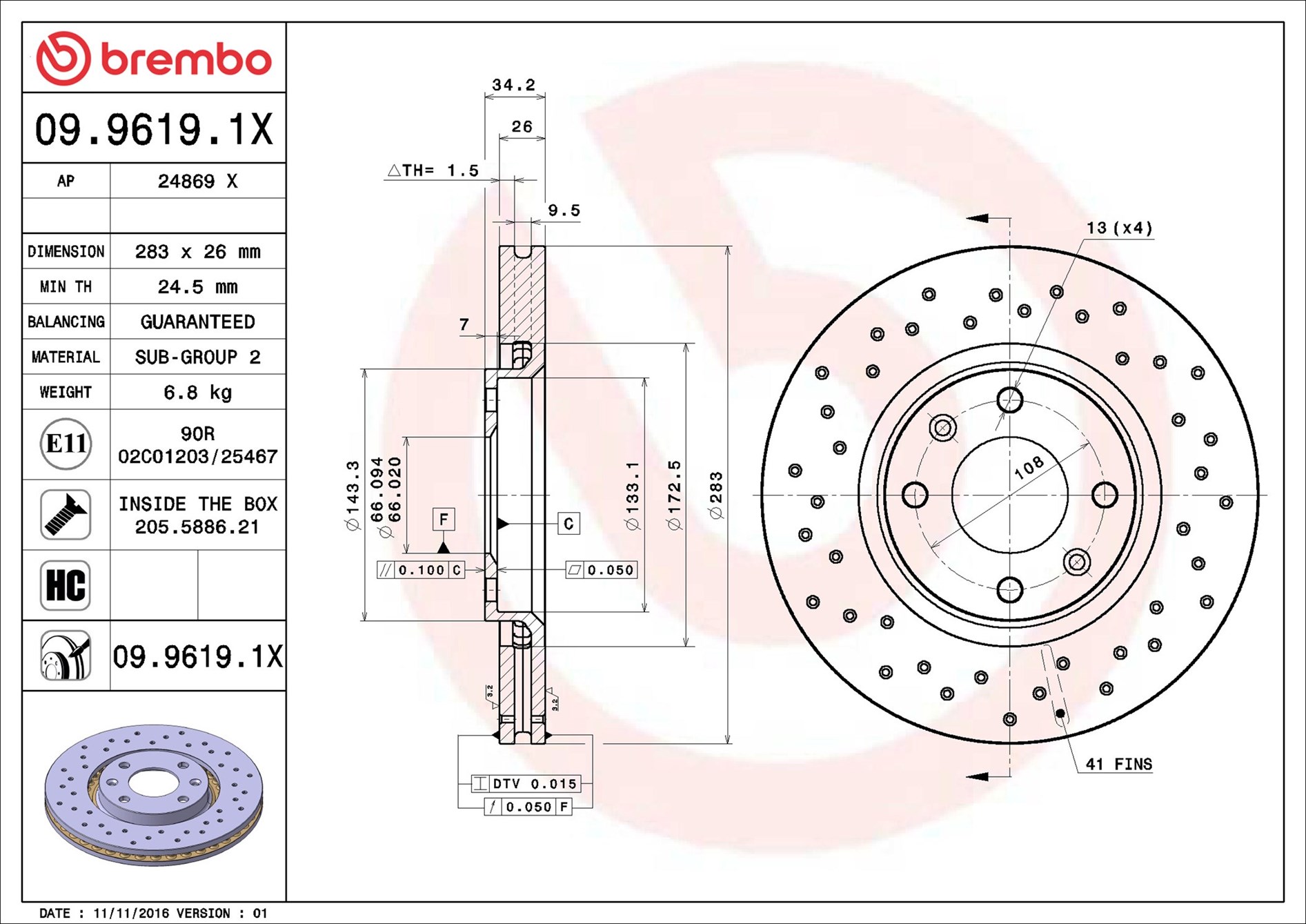 Тормозной диск - 09.9619.1X BREMBO