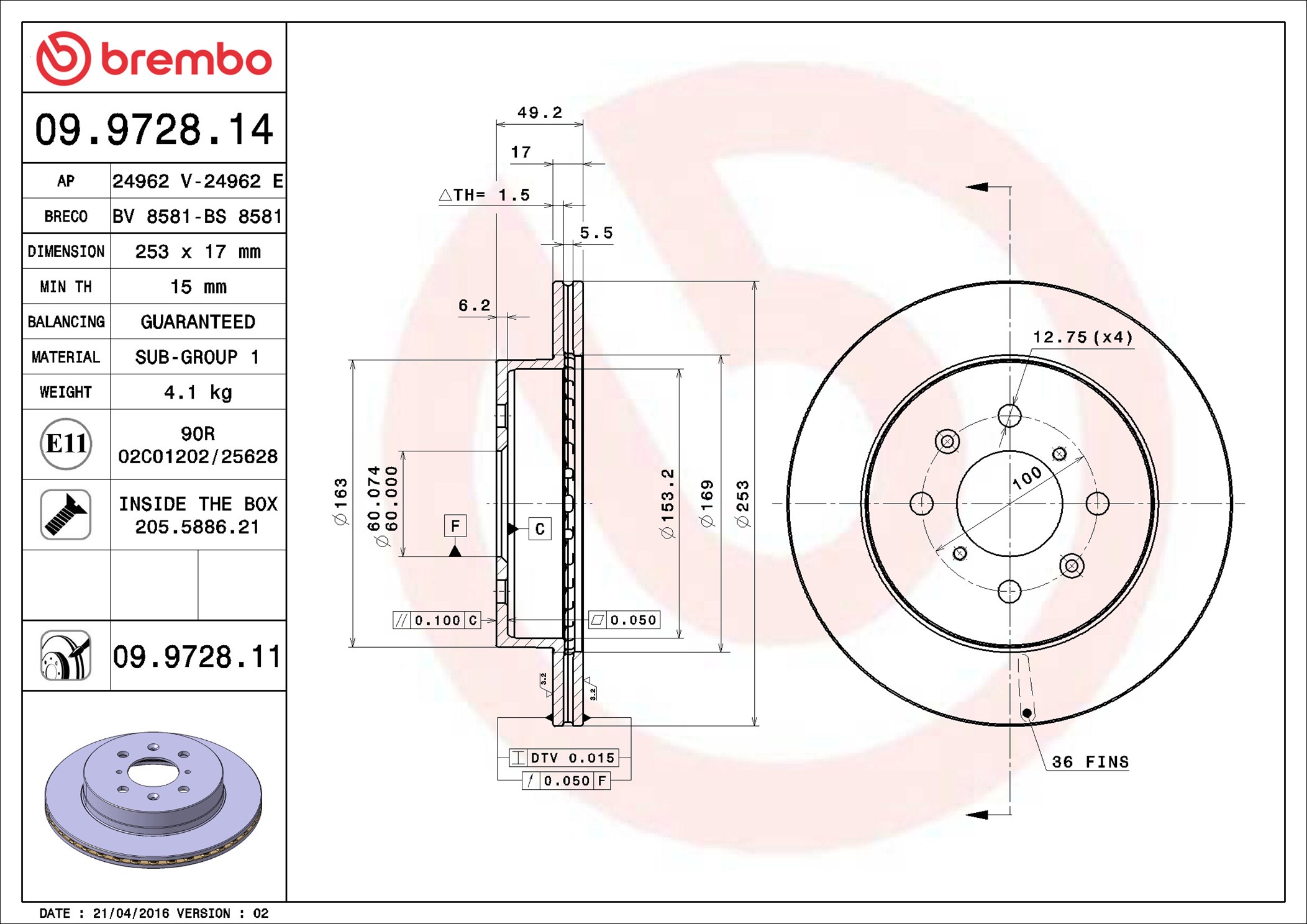 stabdžių diskas - 09.9728.11 BREMBO