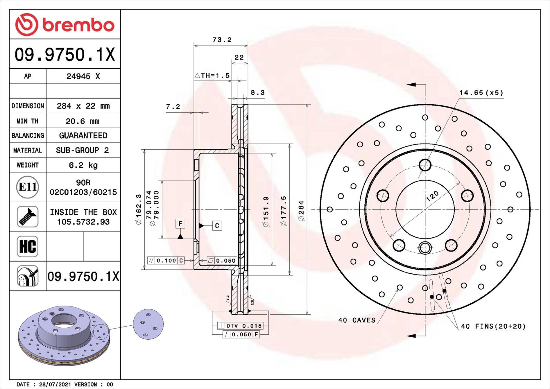 stabdžių diskas - 09.9750.1X BREMBO