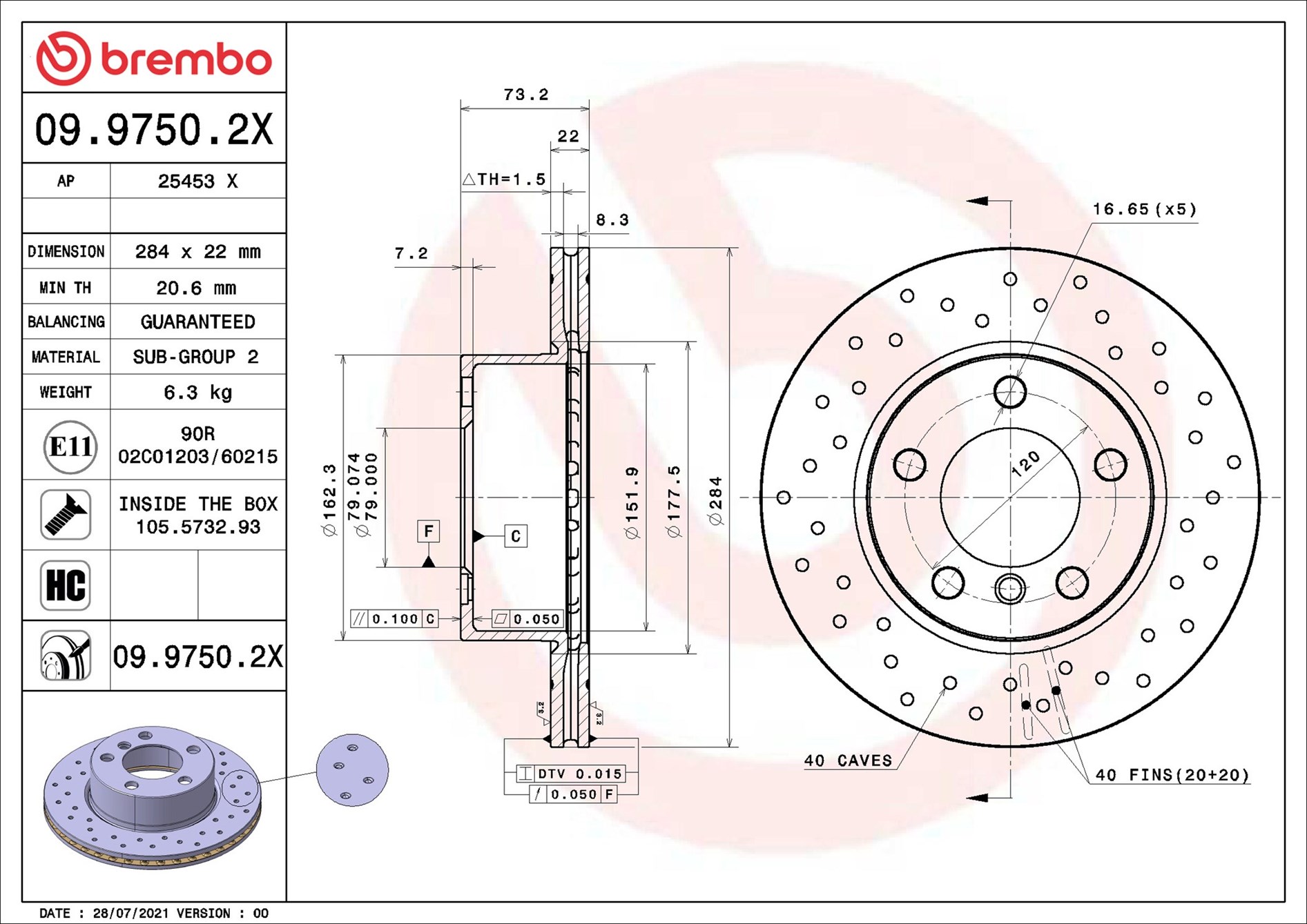 stabdžių diskas - 09.9750.2X BREMBO