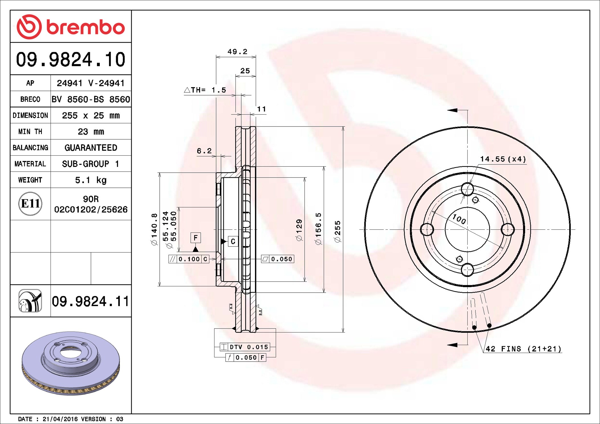 stabdžių diskas - 09.9824.11 BREMBO