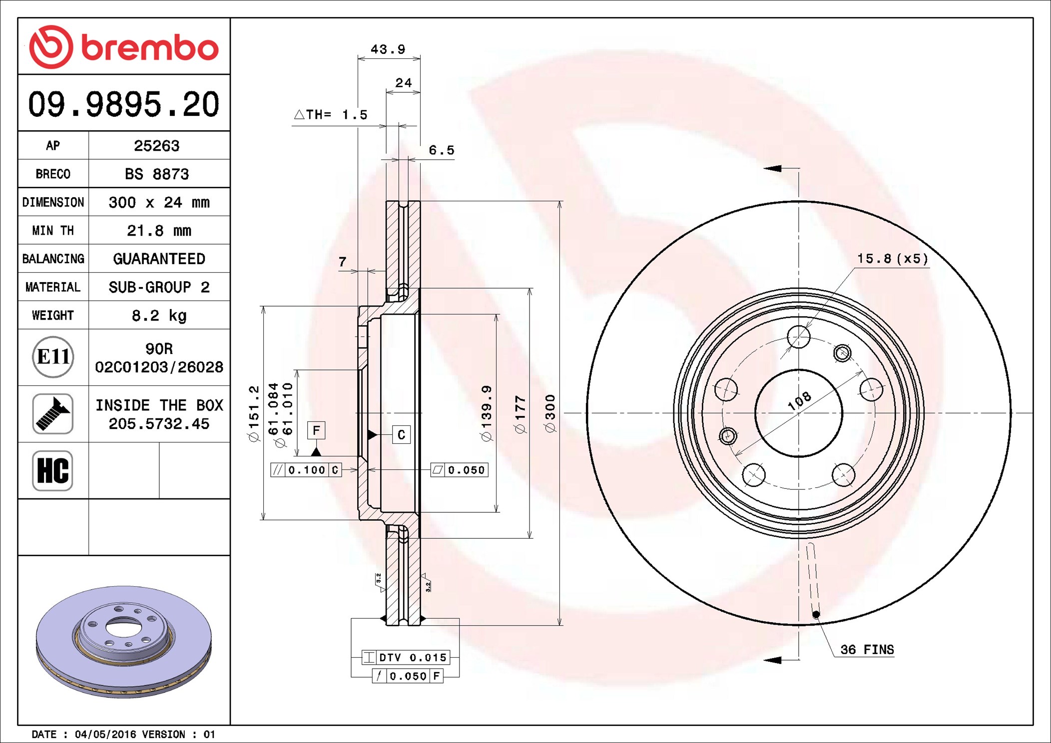 stabdžių diskas - 09.9895.20 BREMBO