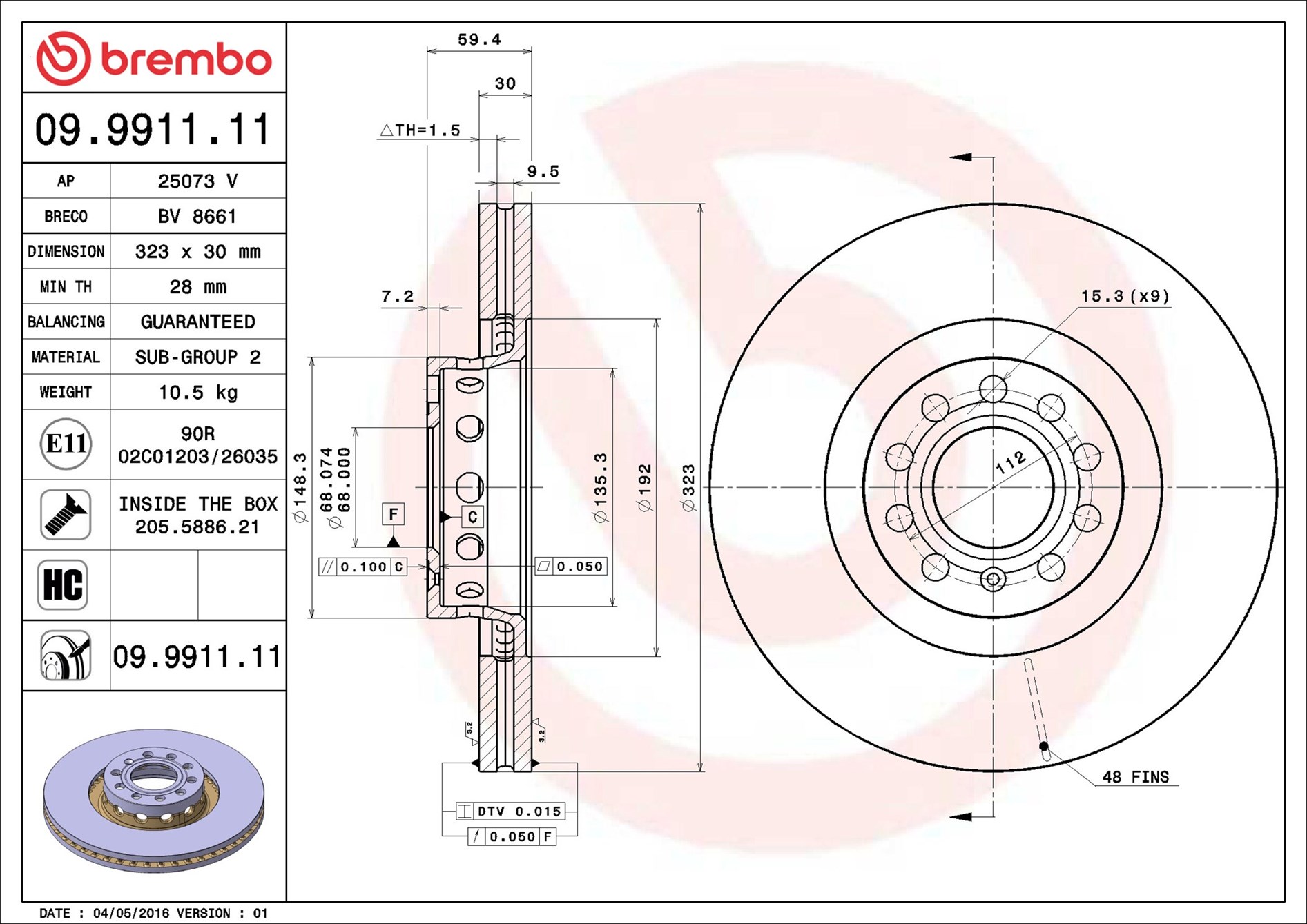 Brake Disc - 09.9911.11 BREMBO