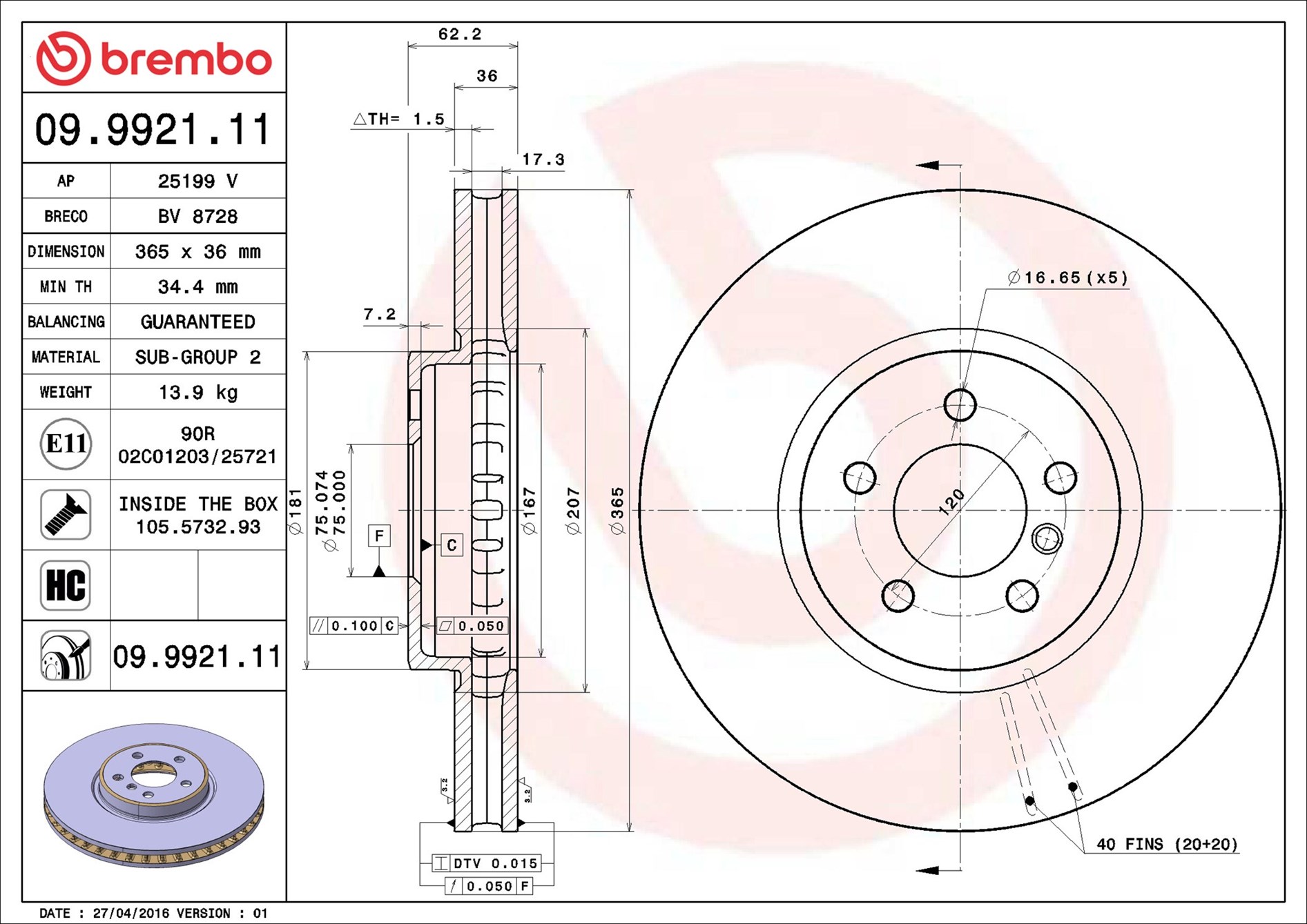 stabdžių diskas - 09.9921.11 BREMBO
