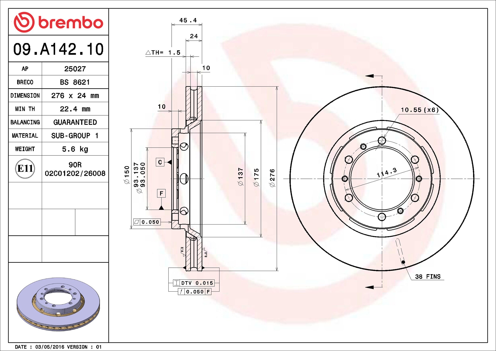 Brake Disc - 09.A142.10 BREMBO