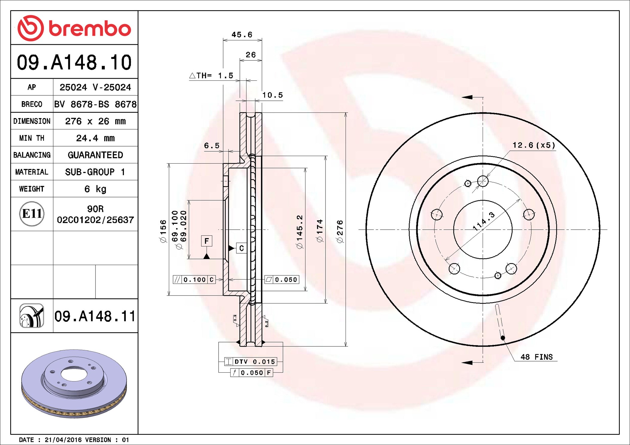 Brake Disc - 09.A148.11 BREMBO