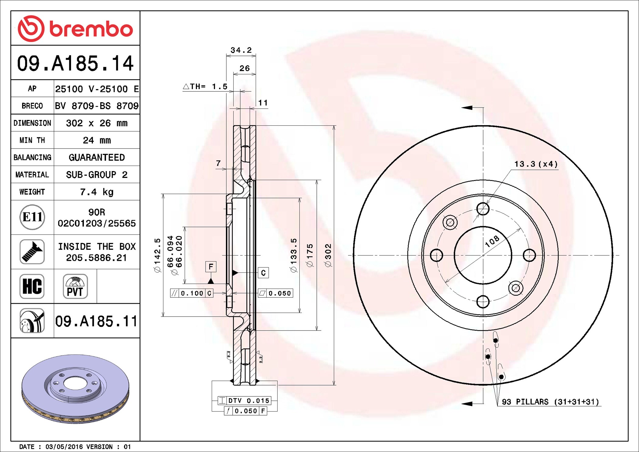 Bremsscheibe - 09.A185.11 BREMBO