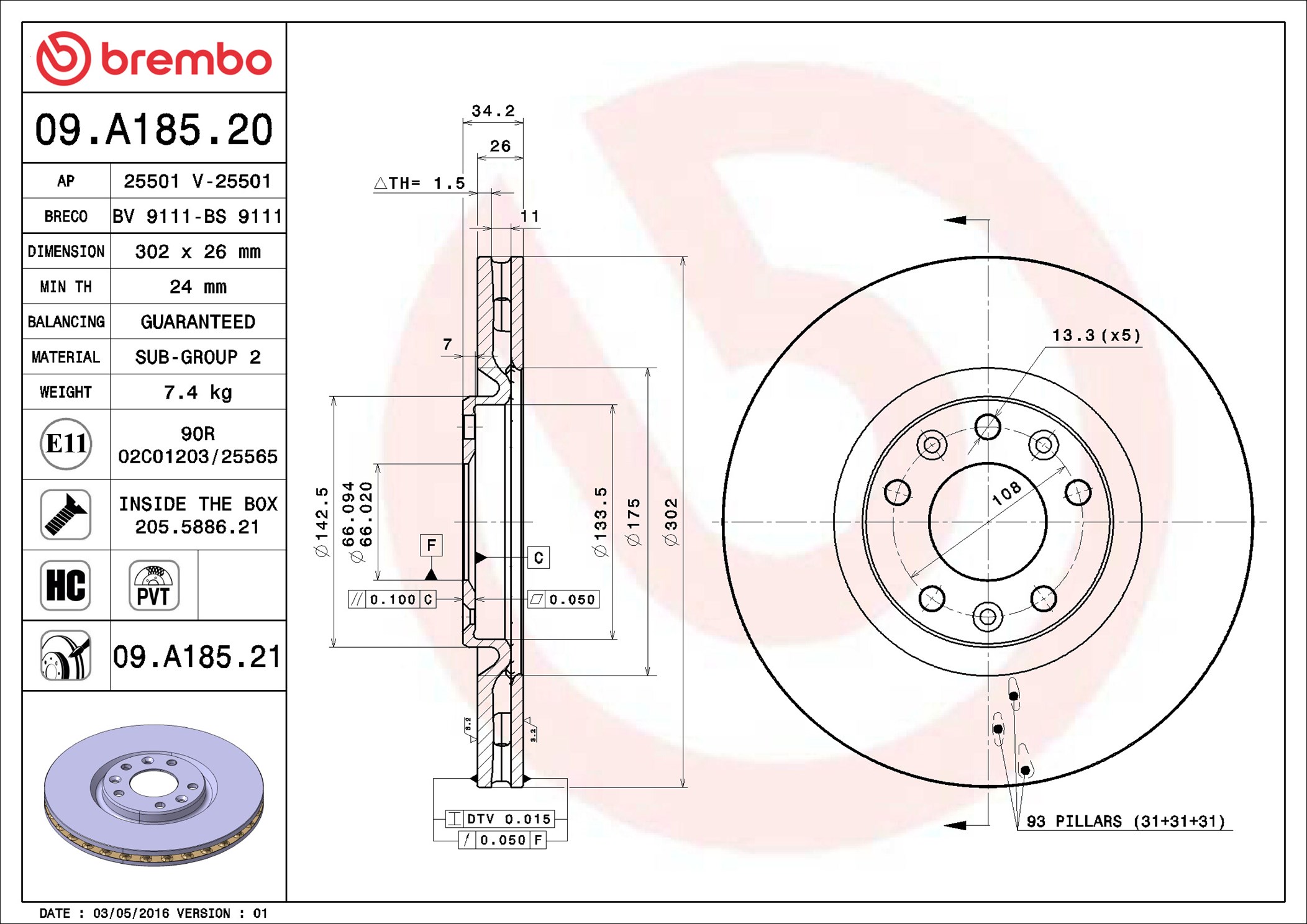 Bremsscheibe - 09.A185.21 BREMBO