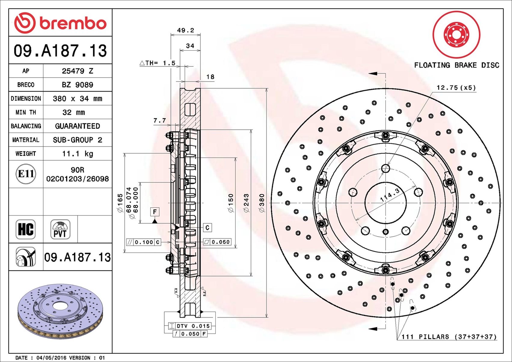 Brake Disc - 09.A187.13 BREMBO