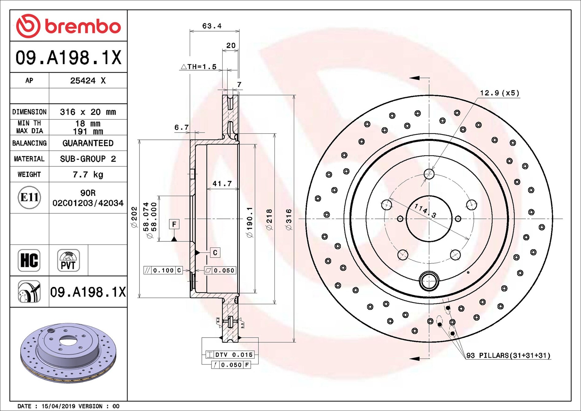 stabdžių diskas - 09.A198.1X BREMBO