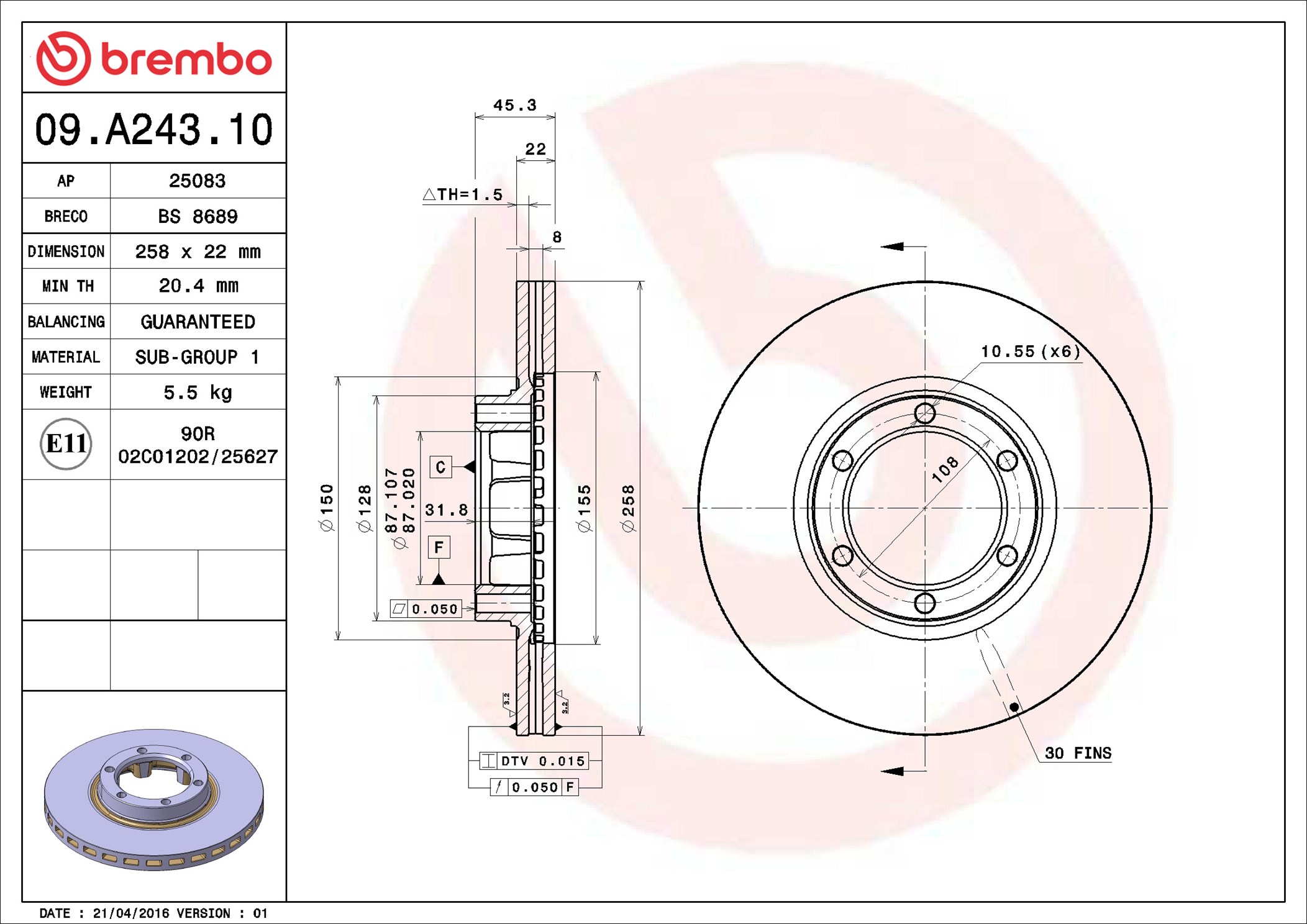 Brake Disc - 09.A243.10 BREMBO