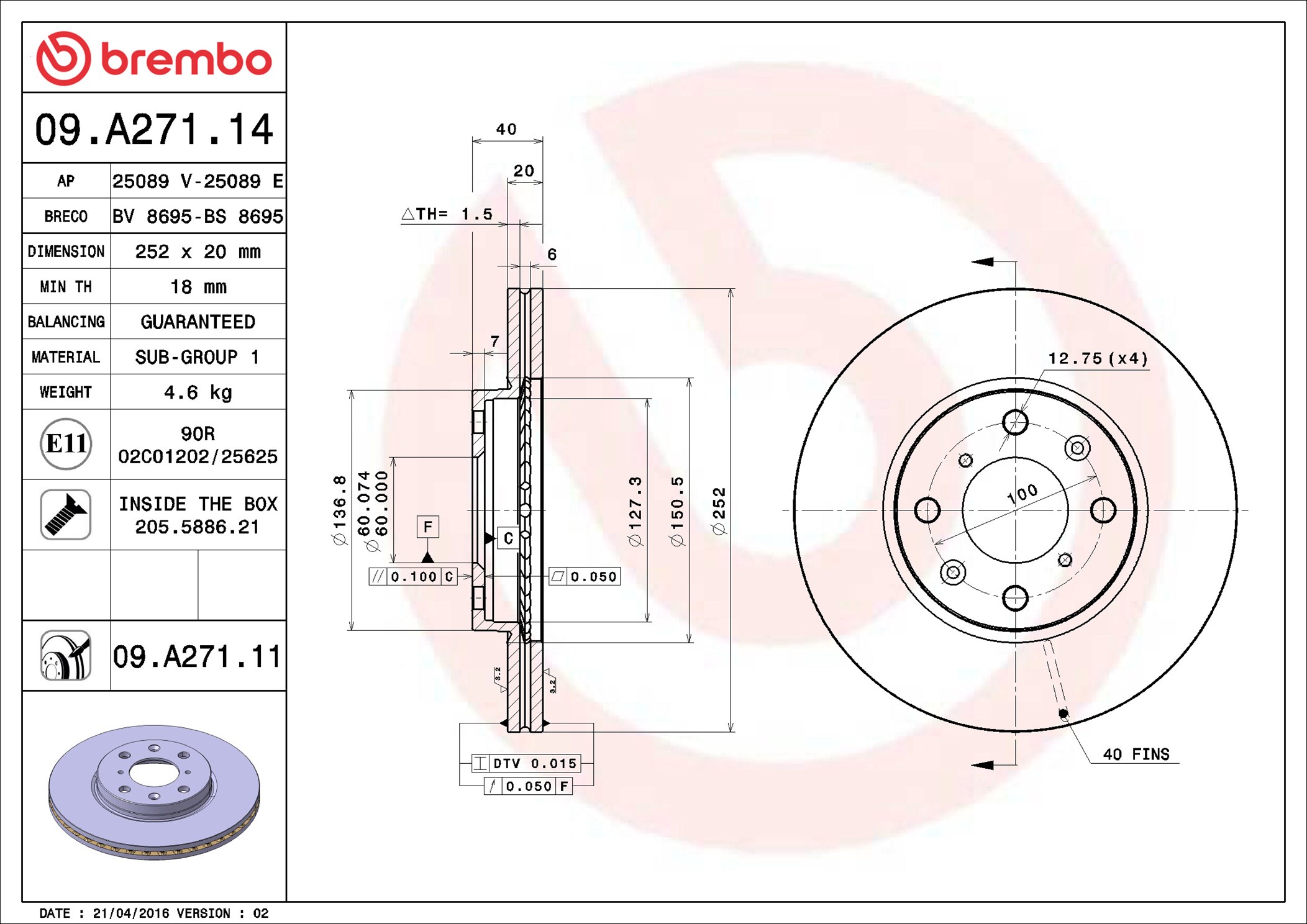Brake Disc - 09.A271.11 BREMBO