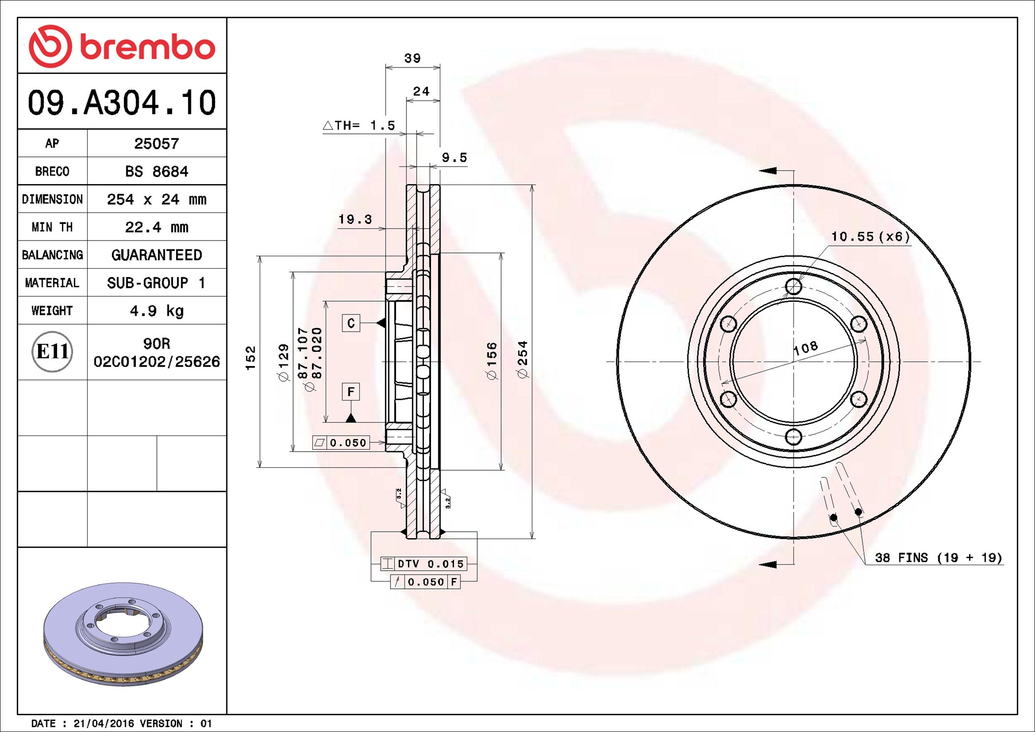 Brake Disc - 09.A304.10 BREMBO