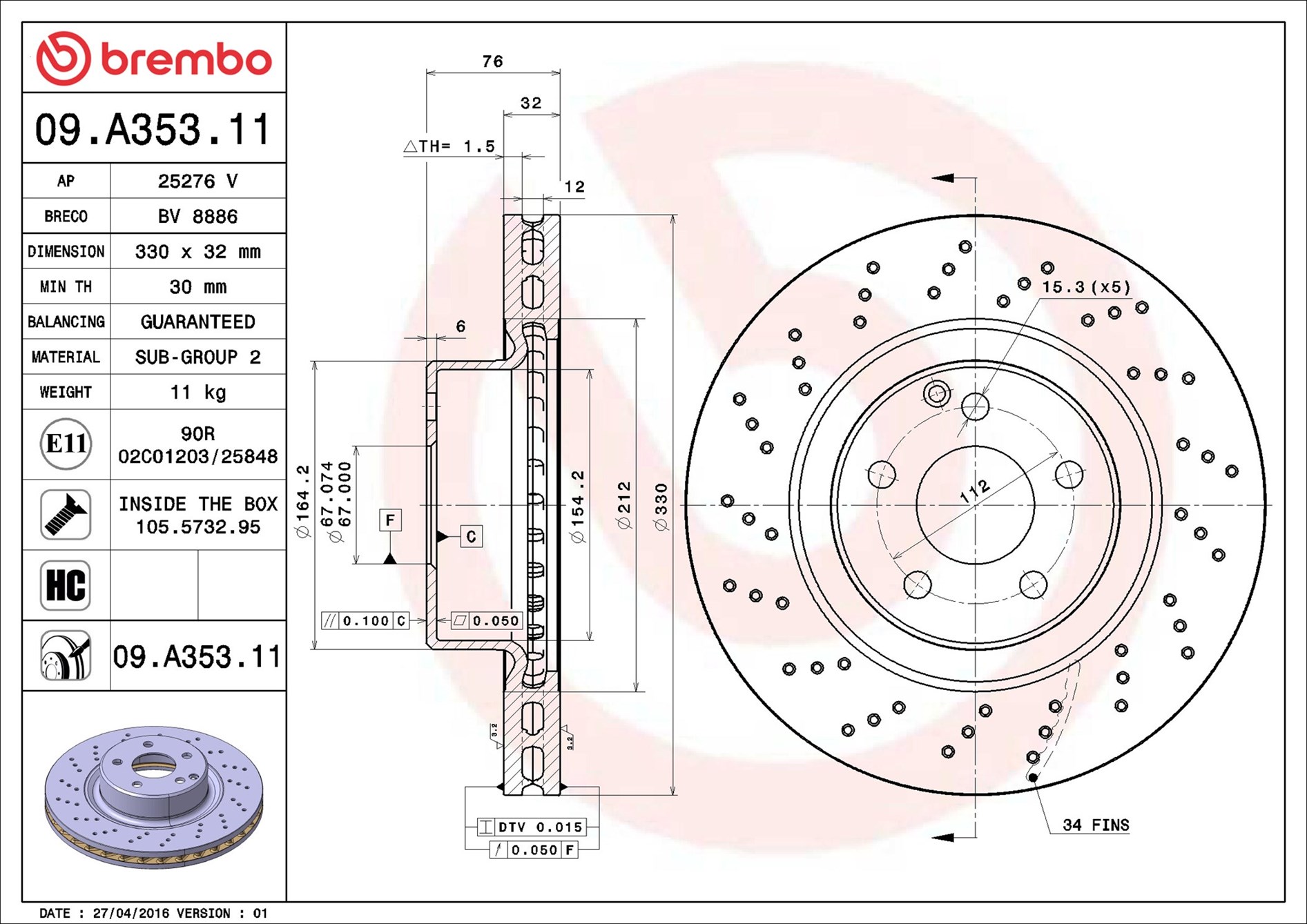 stabdžių diskas - 09.A353.11 BREMBO