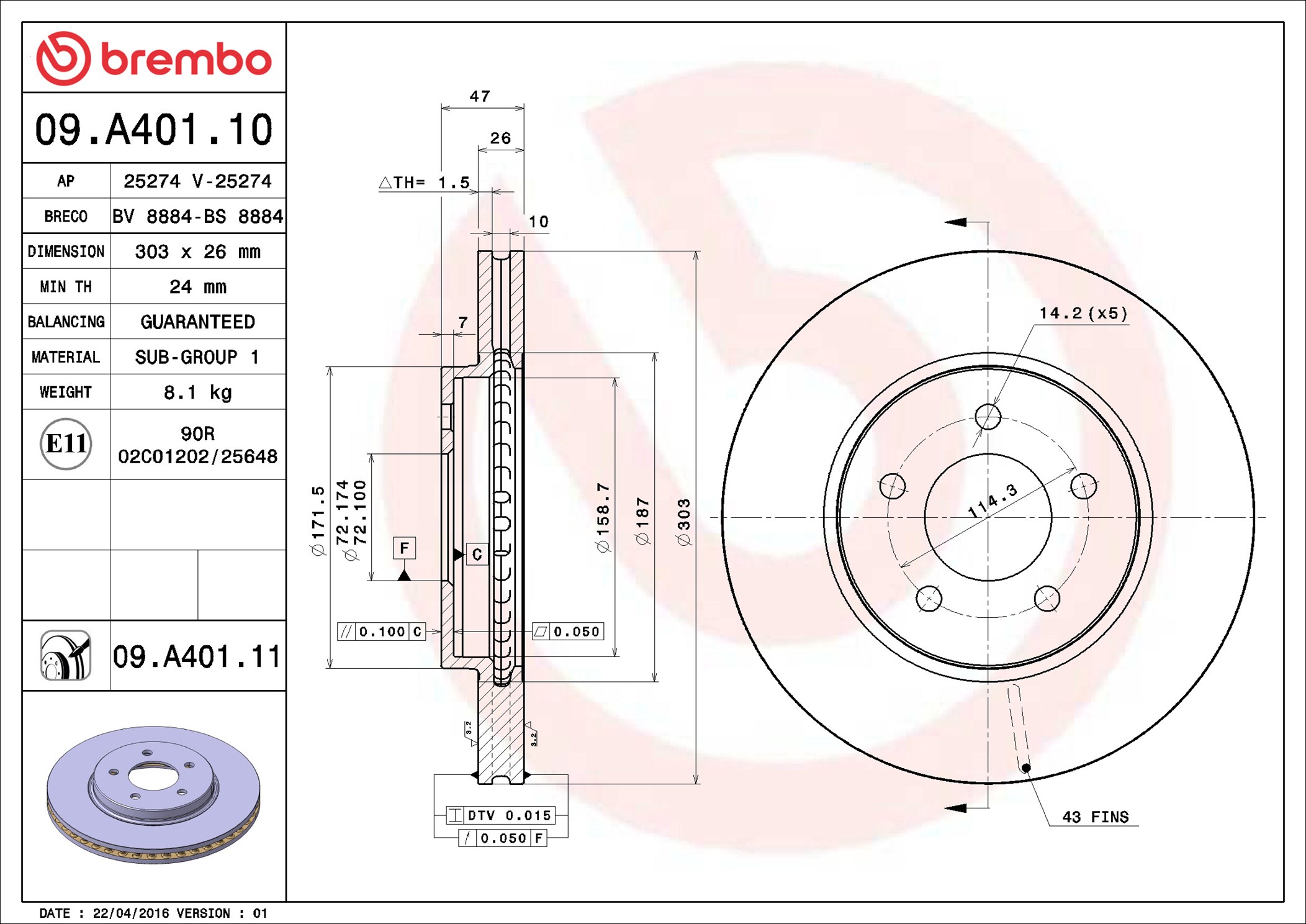 Brake Disc - 09.A401.11 BREMBO