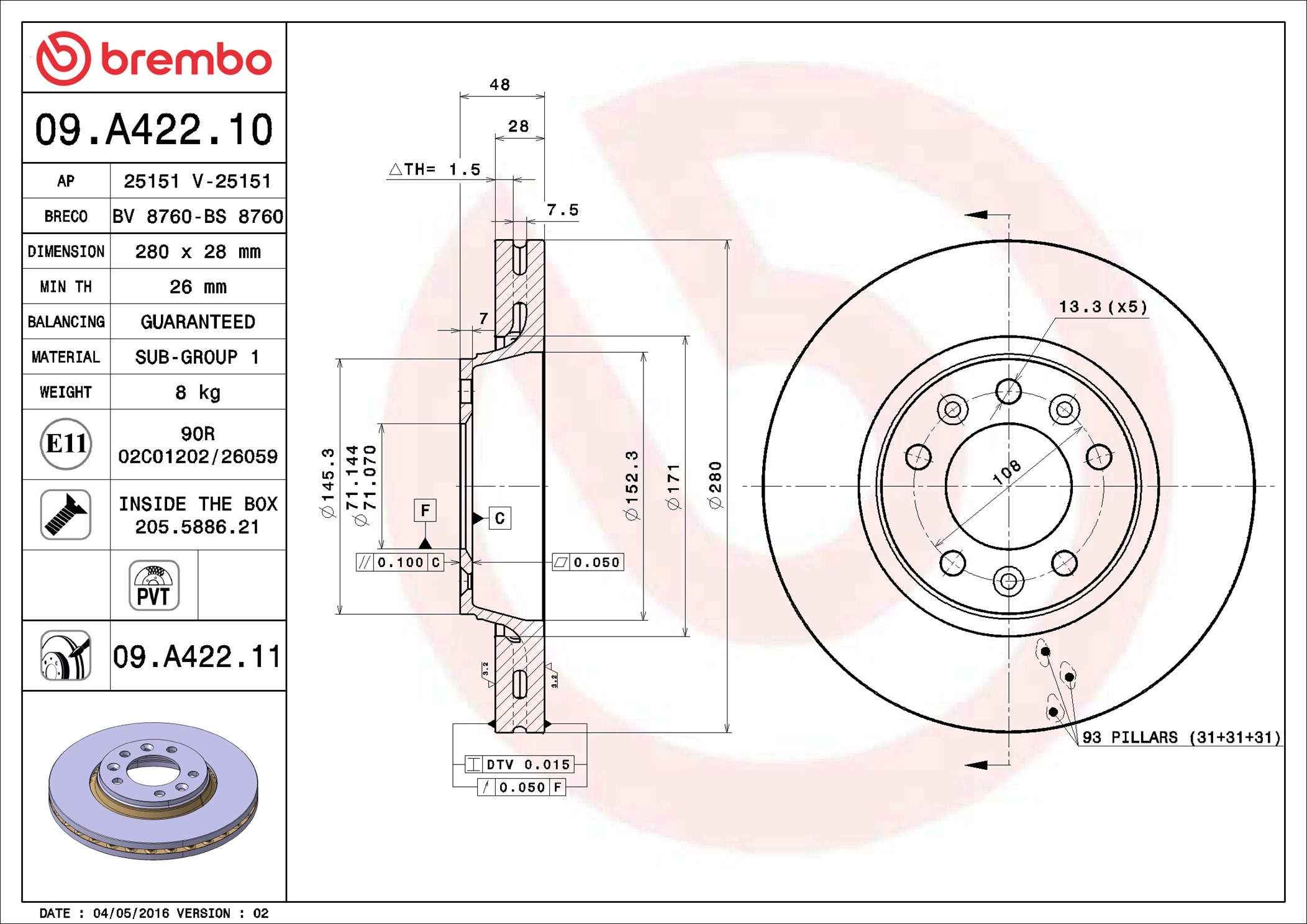 stabdžių diskas - 09.A422.11 BREMBO
