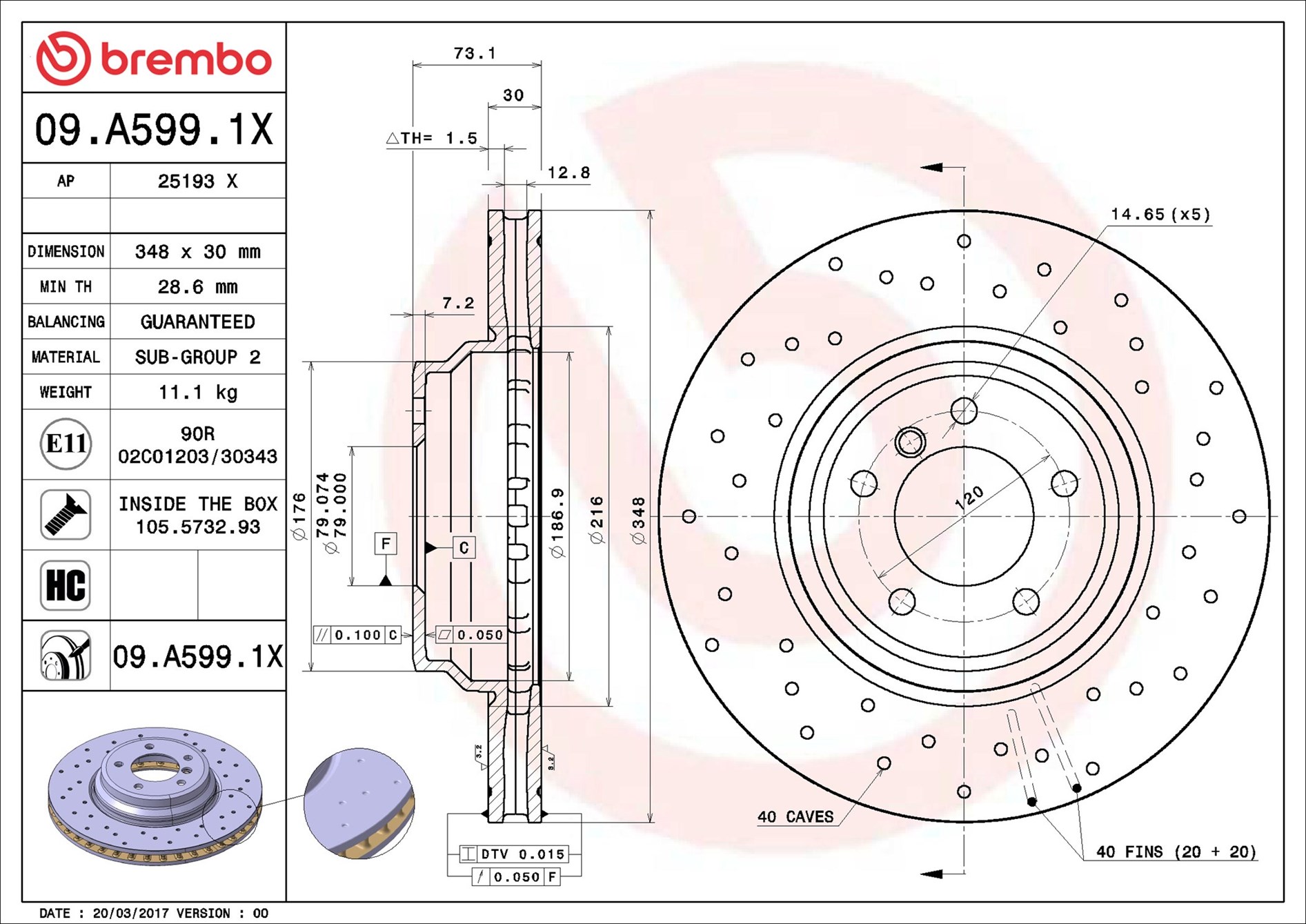 stabdžių diskas - 09.A599.1X BREMBO