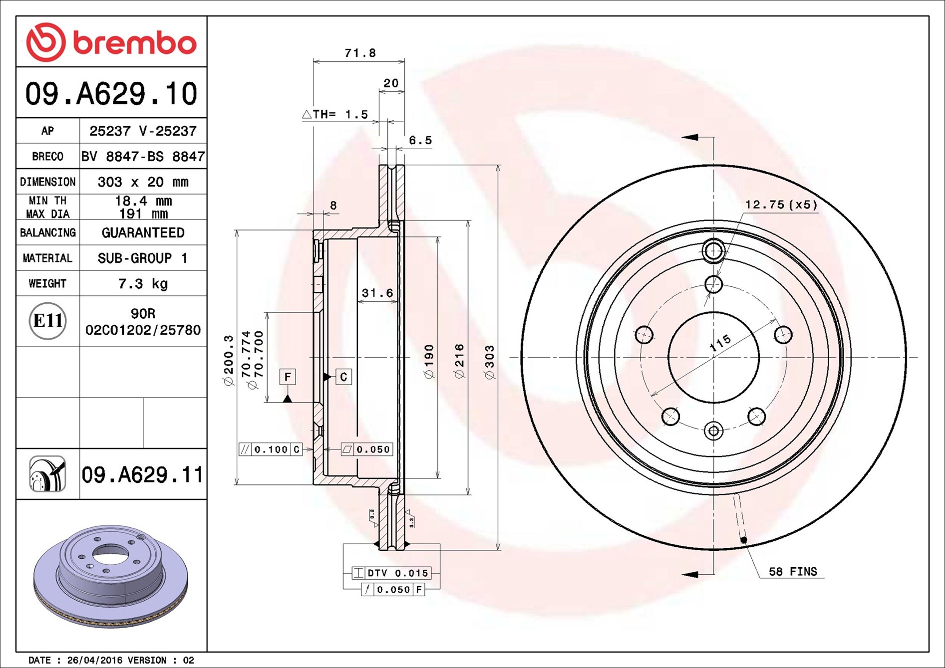 Brake Disc - 09.A629.11 BREMBO