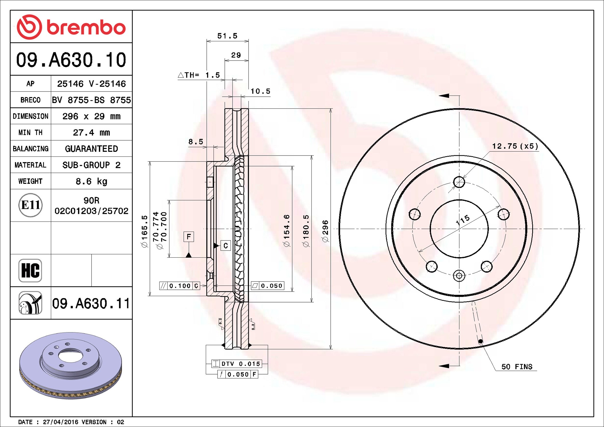 Brake Disc - 09.A630.11 BREMBO