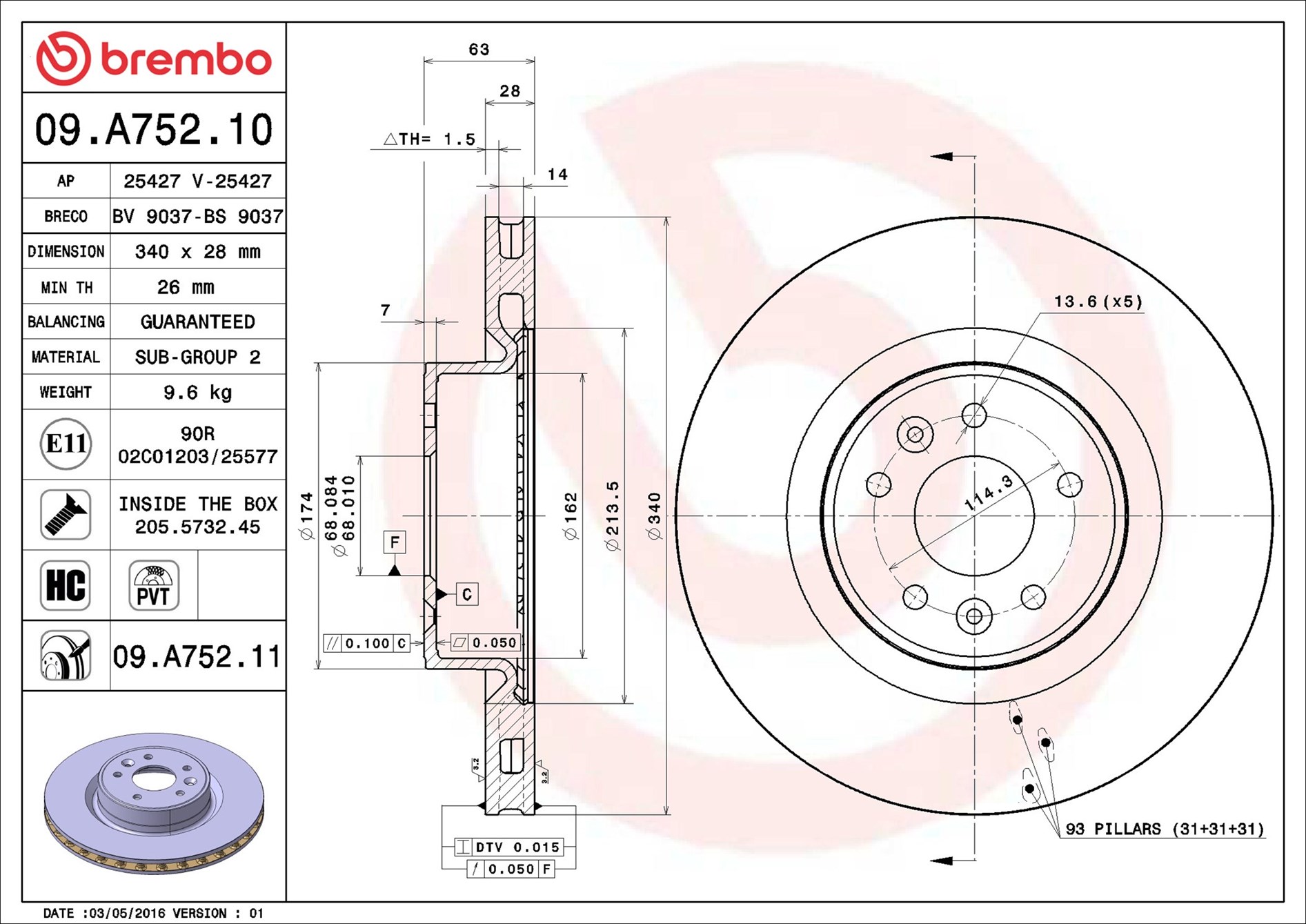 stabdžių diskas - 09.A752.11 BREMBO