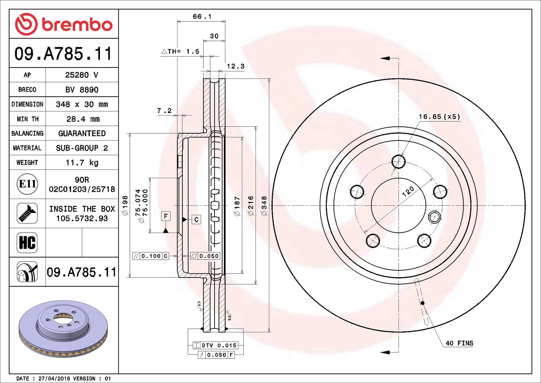Brake Disc - 09.A785.11 BREMBO