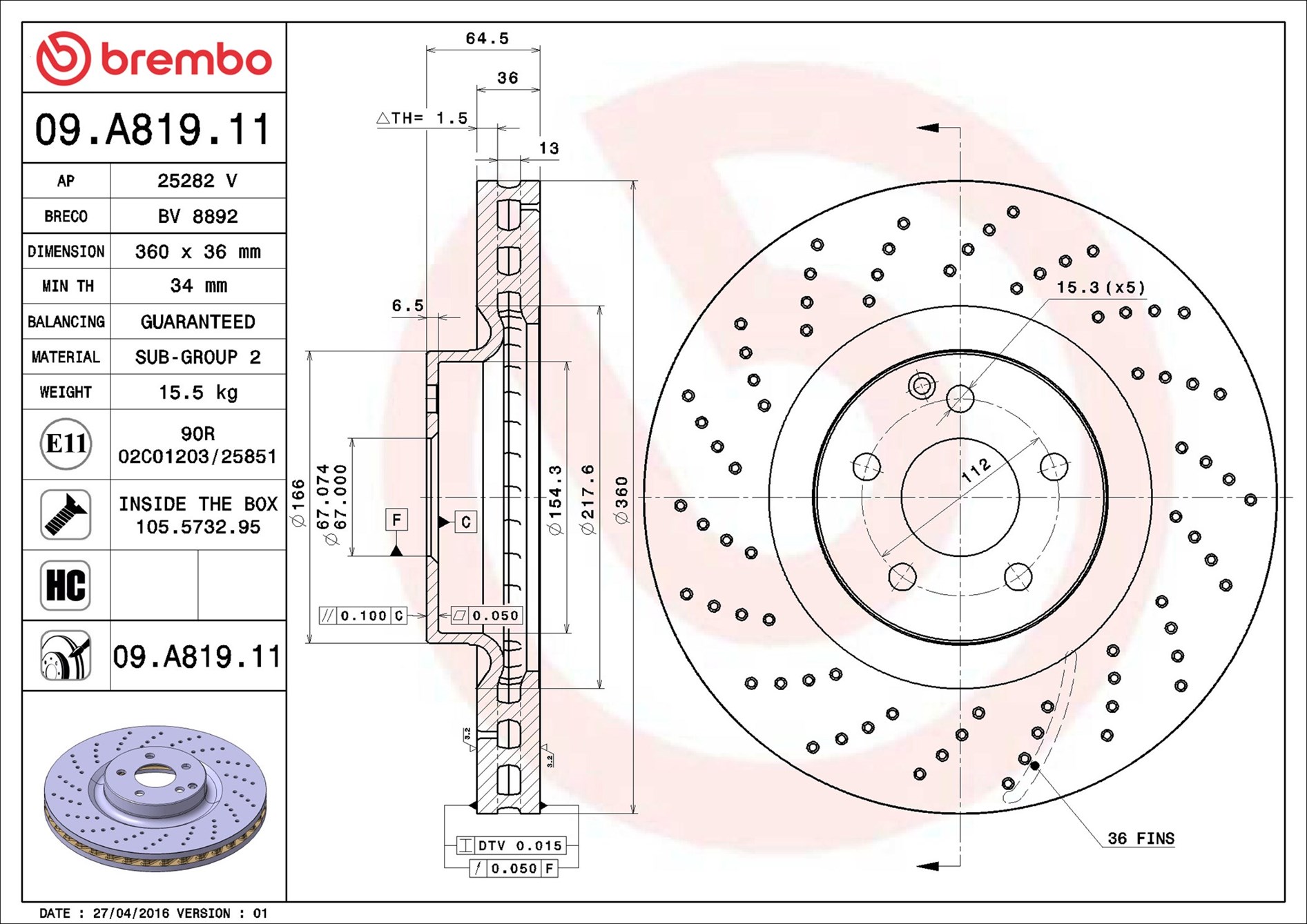 Brake Disc - 09.A819.11 BREMBO