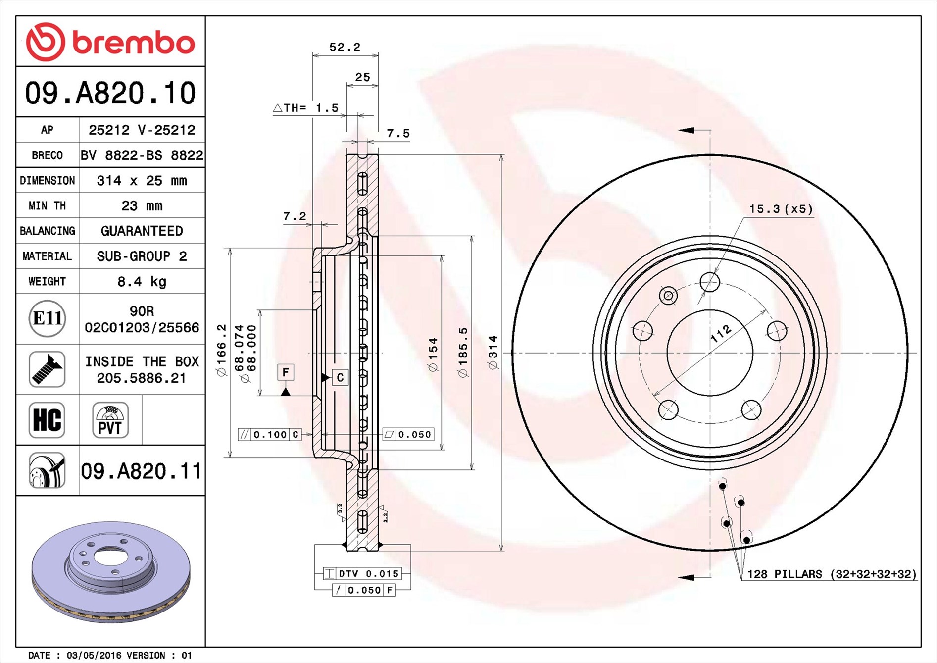 stabdžių diskas - 09.A820.11 BREMBO