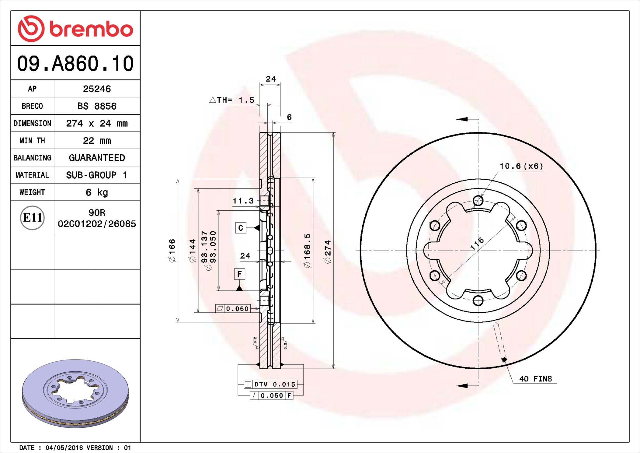 Brake Disc - 09.A860.10 BREMBO