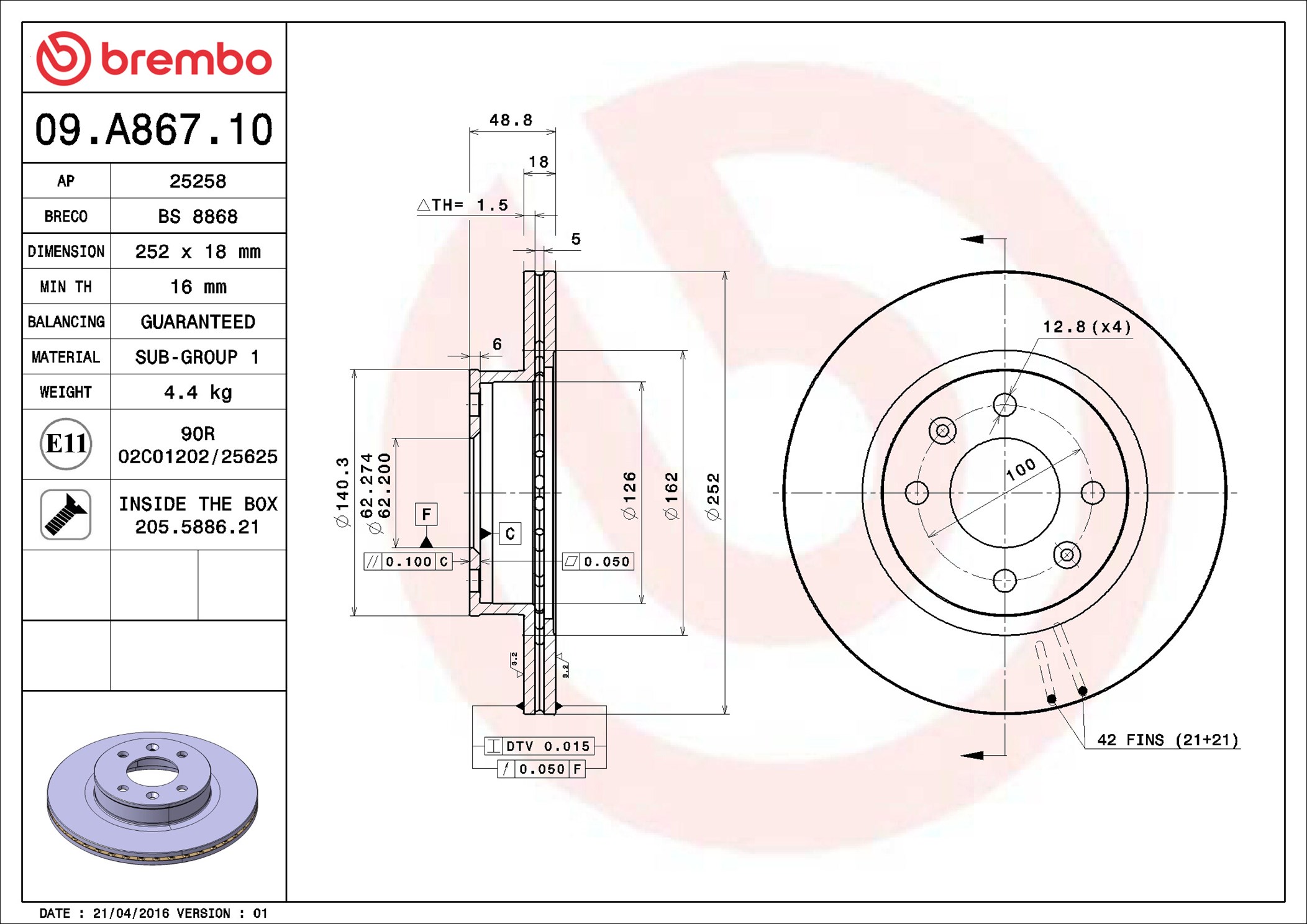Brake Disc - 09.A867.10 BREMBO