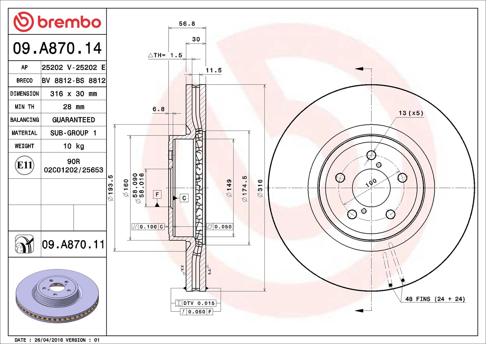 Brake Disc - 09.A870.11 BREMBO